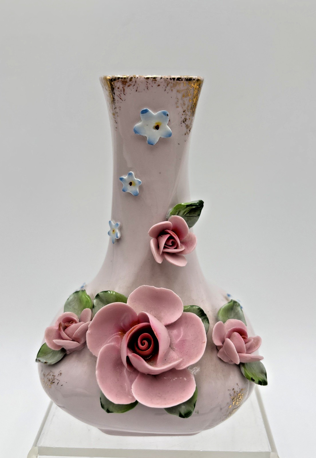Vintage Lefton Hand Painted Vase Floral Pink Rose Ceramic with Gold Splatter