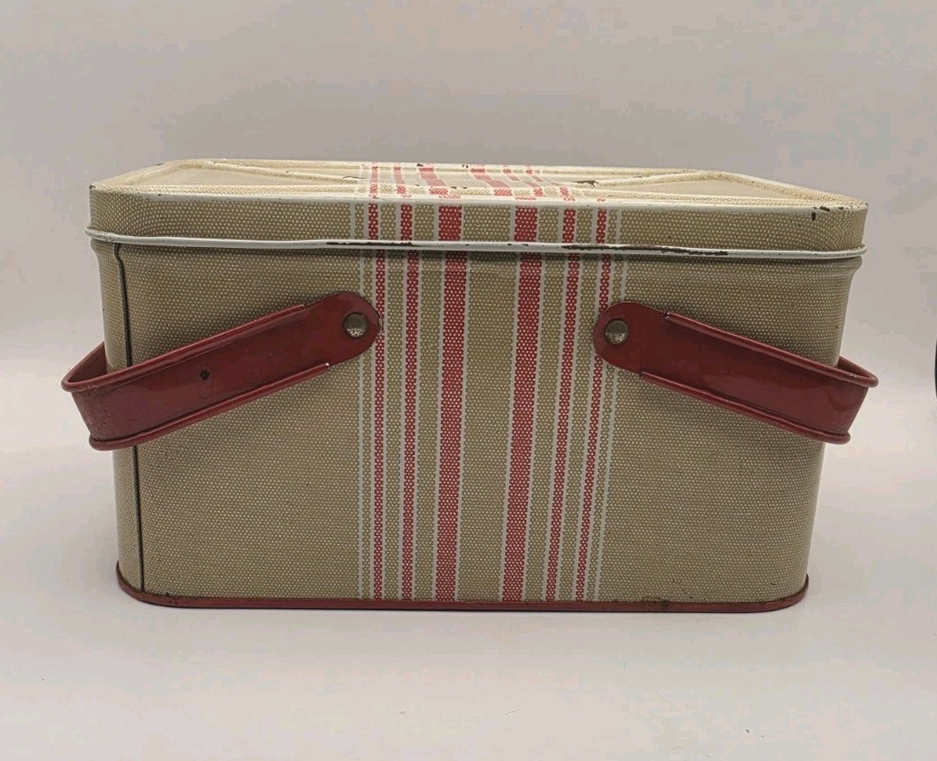 Vintage 1940\'s Metal Lunch Box Picnic Tin Red Stripe 2 Handles Original Name Tag Vintage 1940\'s Metal Lunch Box Picnic Tin Red Stripe 2 Handles Original Name Tag