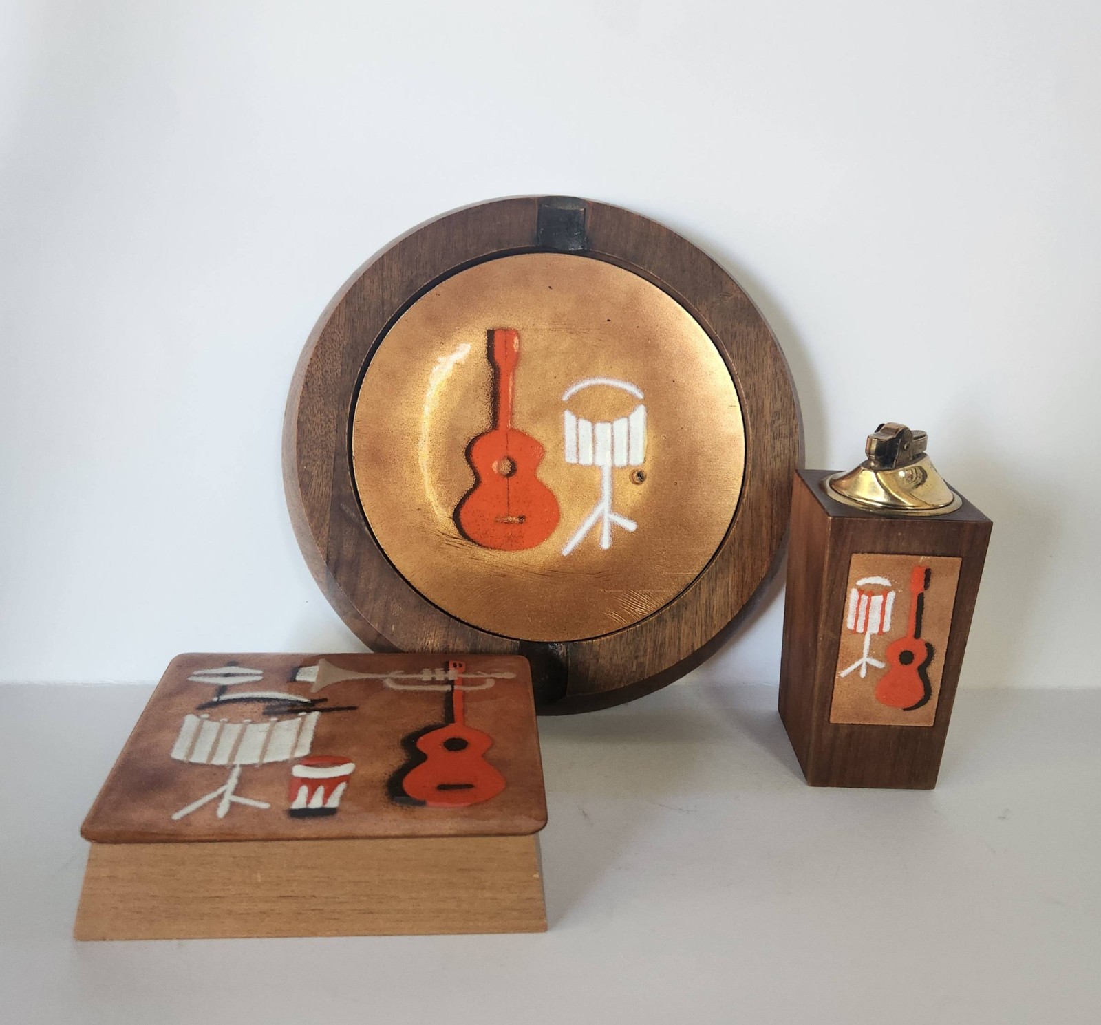 ERNEST JOHN MCM Genuine Walnut Enamel on Copper Smoking Set