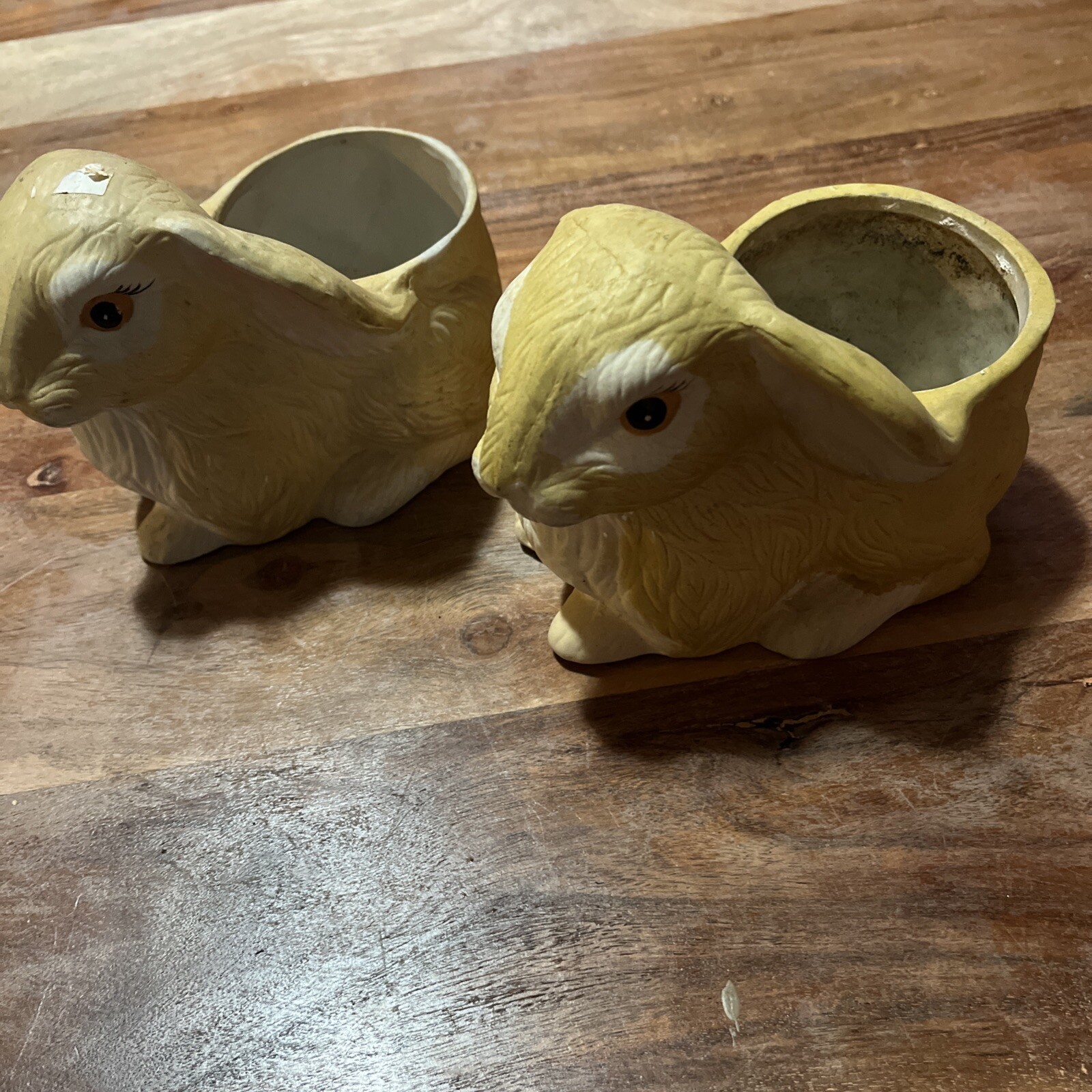 Bunny Rabbit Planter Realistic Tan White Ceramic Pair Easter Porcelain