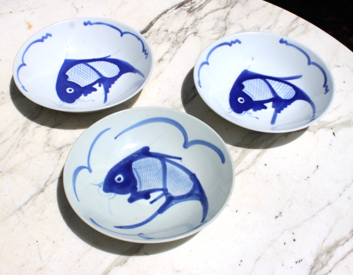 Chinese Blue & White Porcelain Koi Fish Carp Bowls Vintage Set Of 3
