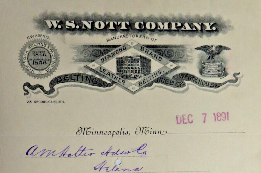 Vintage BILLHEAD*1891 W S NOTT CO*Leather Belting Rubber*MINNEAPOLIS MINN *S26