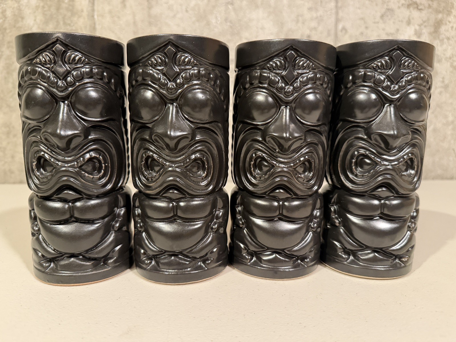 Vintage OMC Otagiri Japan Tiki Mugs Set of 4 Black Ceramic Polynesian Barware