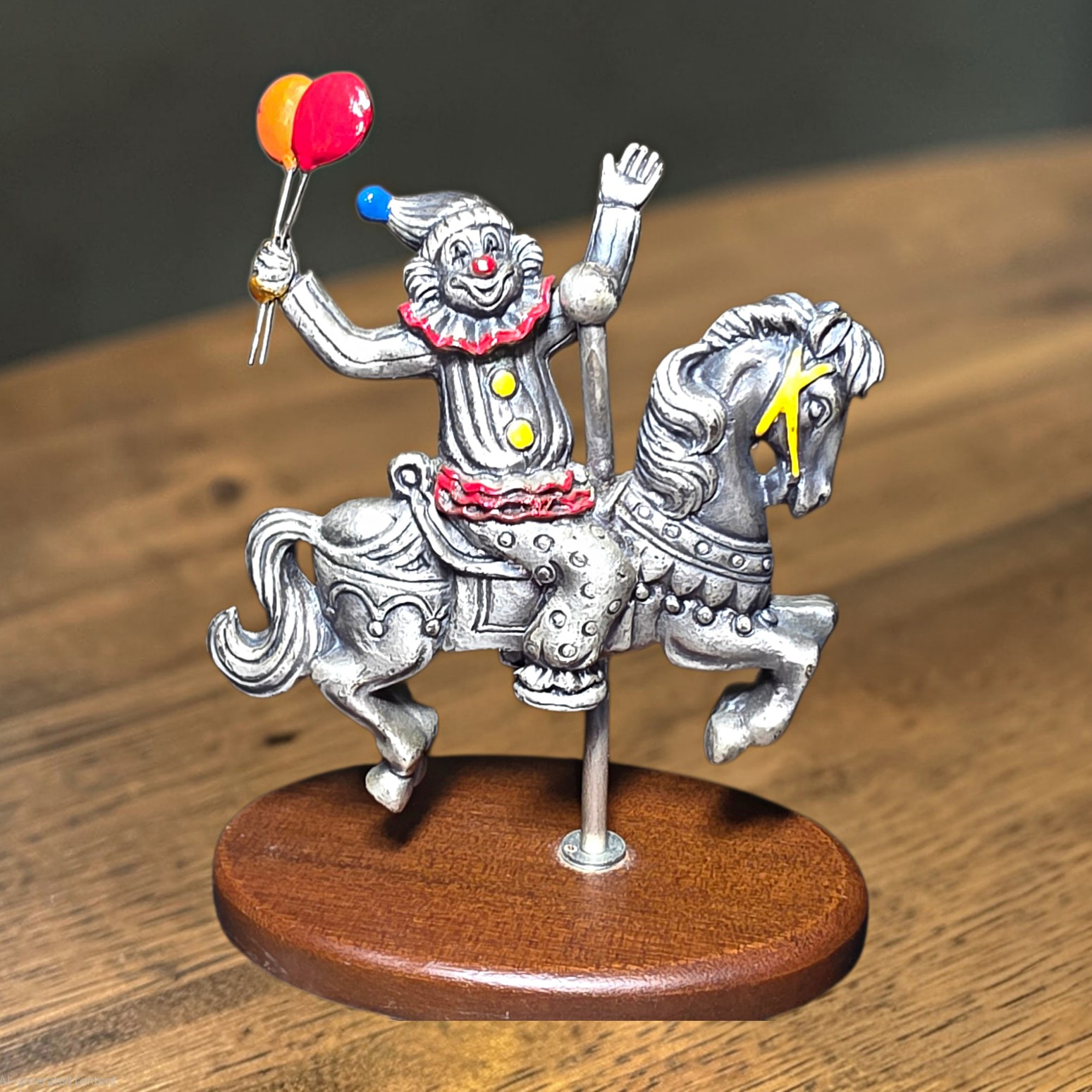 Vintage George Good Pewter Clown Carousel Horse Figurine  Wood Base 5\