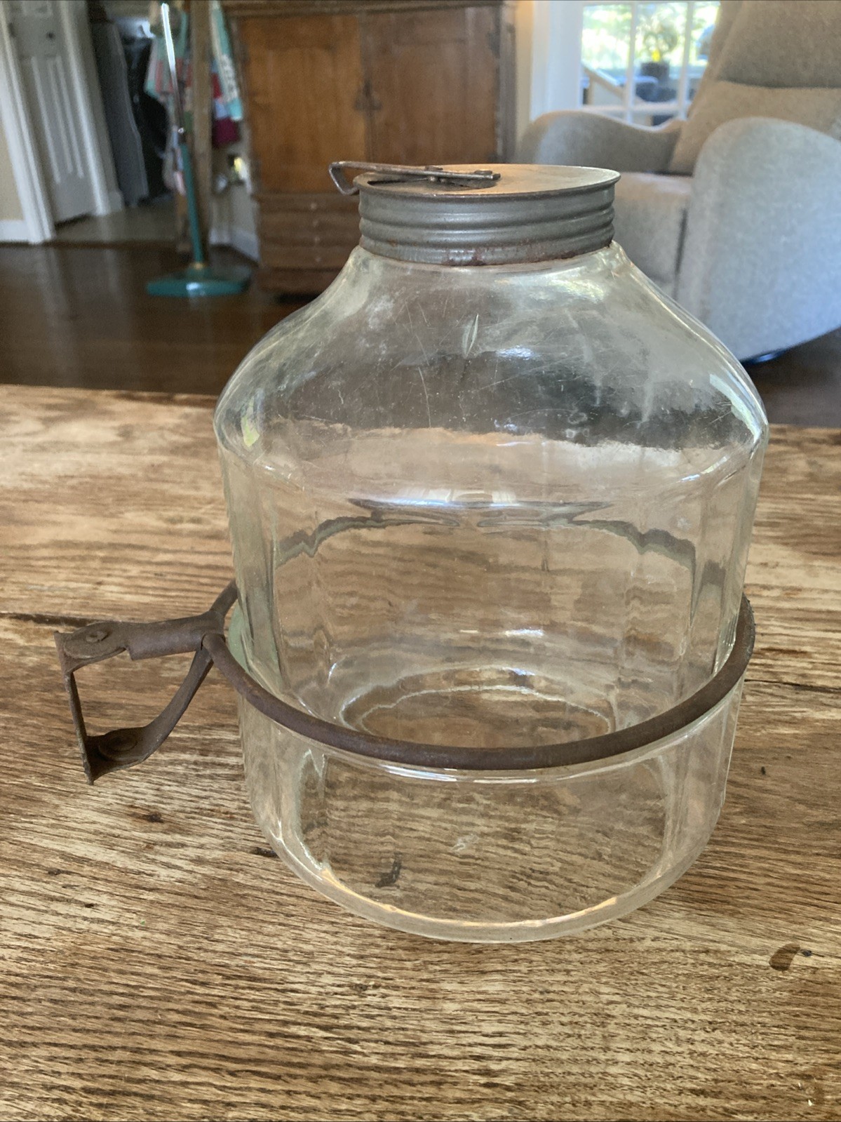Antique  Hoosier Cabinet Flour Sugar Dispenser Ribbed Glass Jar Lever