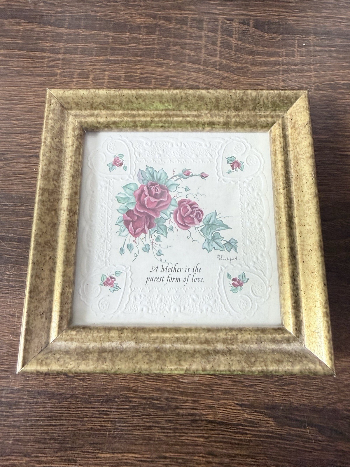 Vintage Framed Mother Quote Rose Floral Embossed Art Gold Tone Frame 5x5