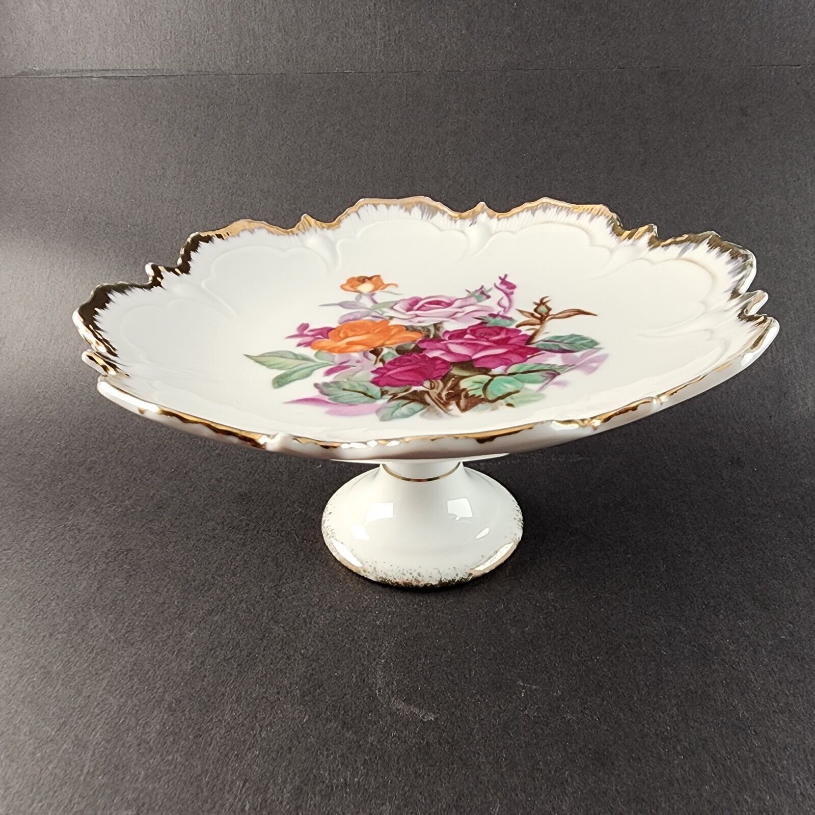 HB Japan White Porcelain Pedestal Dish Compote Hand Painted Roses Gold Trim 3471