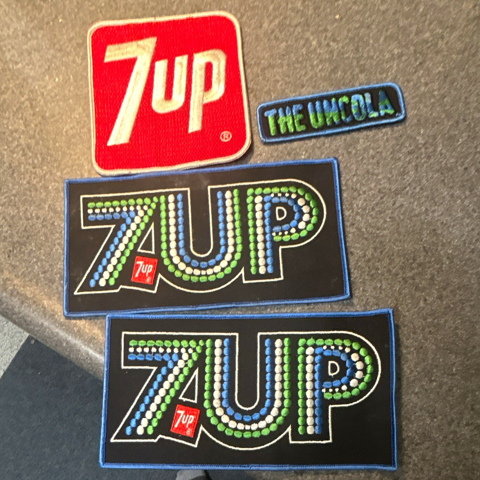 7UP The Uncola Soda Uniform Employee Patches NOS 7up Logo, Red/White/Blue/Green 7UP The Uncola Soda Uniform Employee Patches NOS 7up Logo, Red/White/Blue/Green