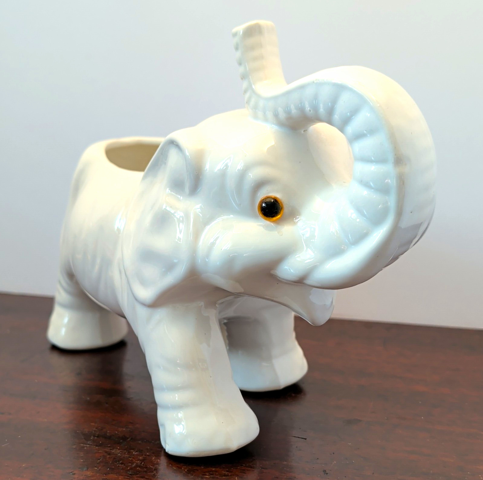 Vintage White Ceramic Elephant Planter Raised Trunk Amber Eyes MCM 9\