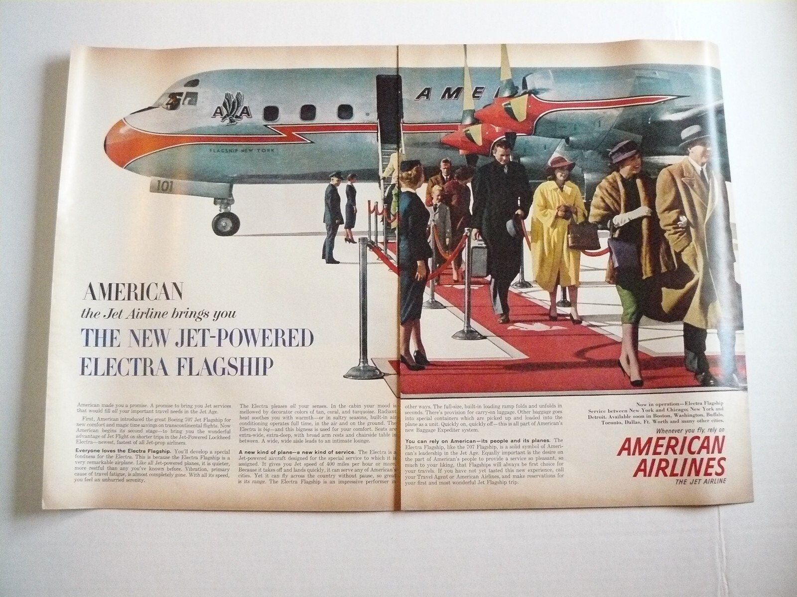 1959 American Airlines Electra Flagship Boeing 707 Jet Airliner 2-page Ad