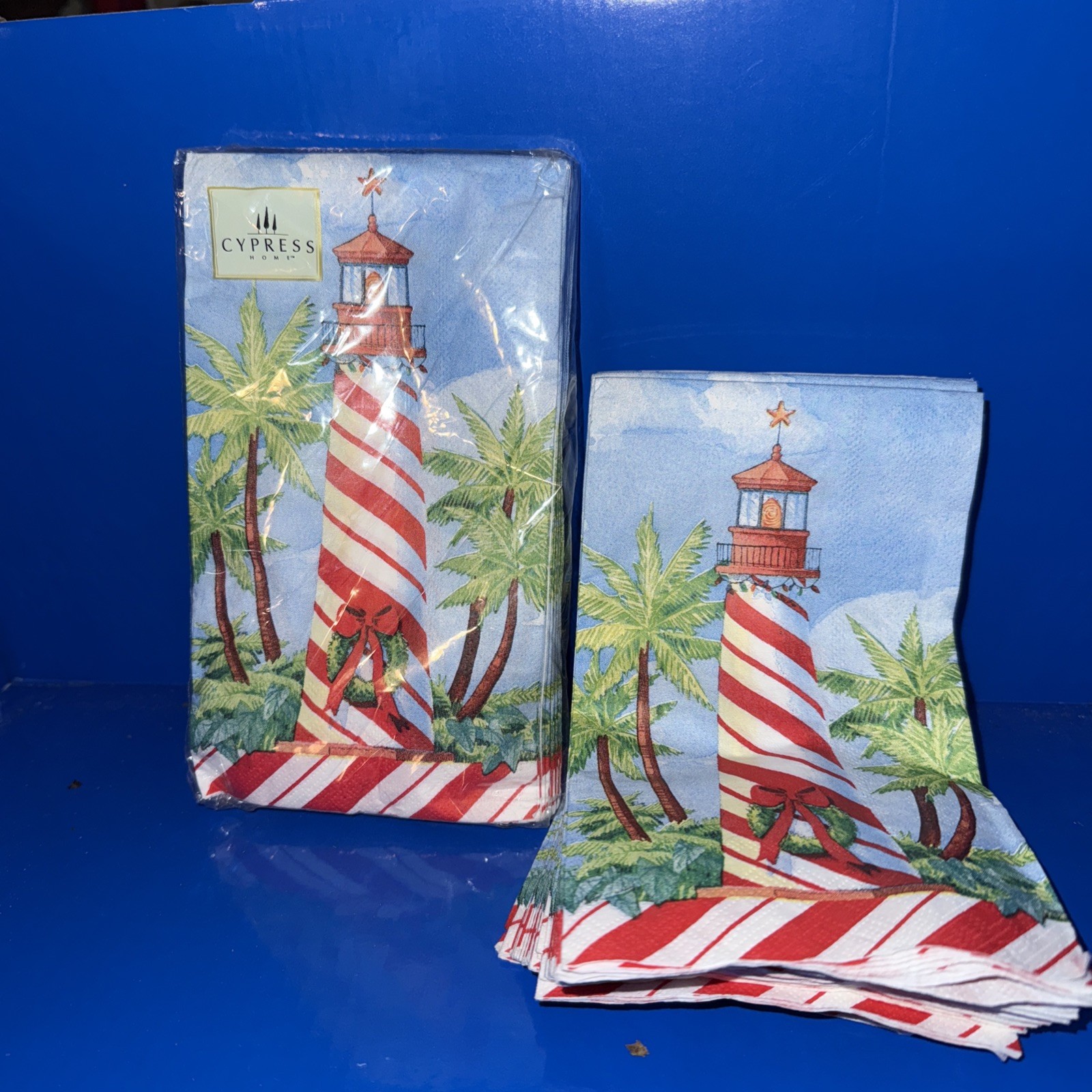 Vtg Cypress Christmas Lighthouse Long Napkins NIP 44 Napkins 8” X 4.5”