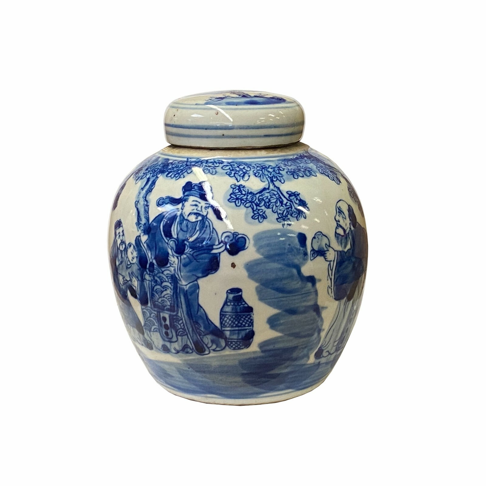 Chinese Oriental Small Blue White Porcelain 3 Gods Theme Ginger Jar ws1860