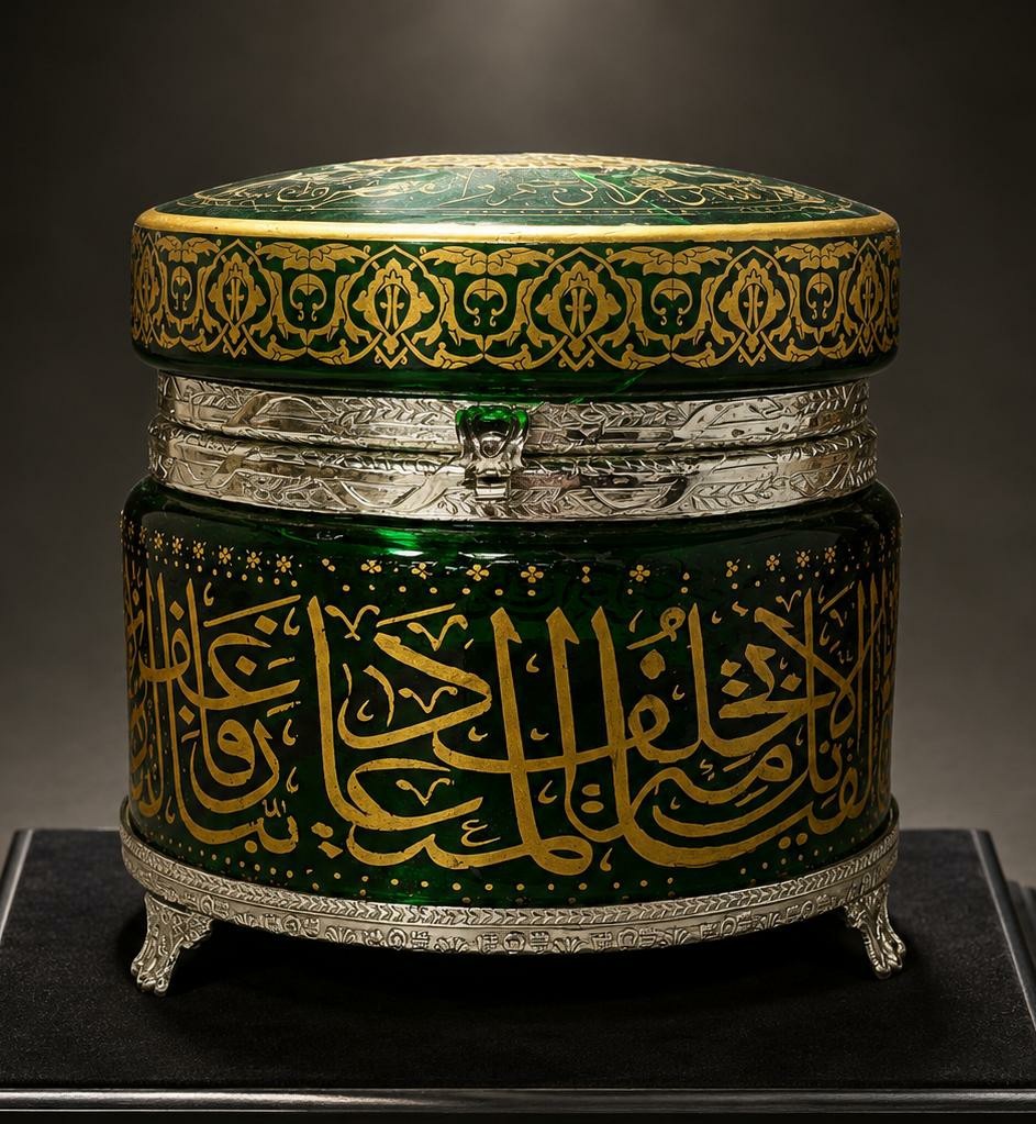 Rare Imperial Islamic Glass Box Handpainted With Quran Verses & Floral Design.