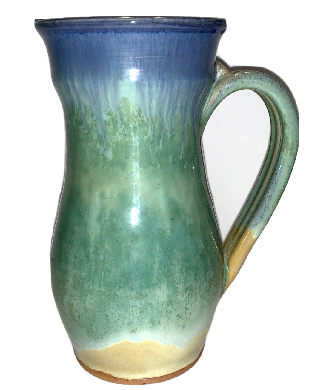 Blue Turquoise Art Pottery Pitcher Jug Handle Vase Signed Footed Base