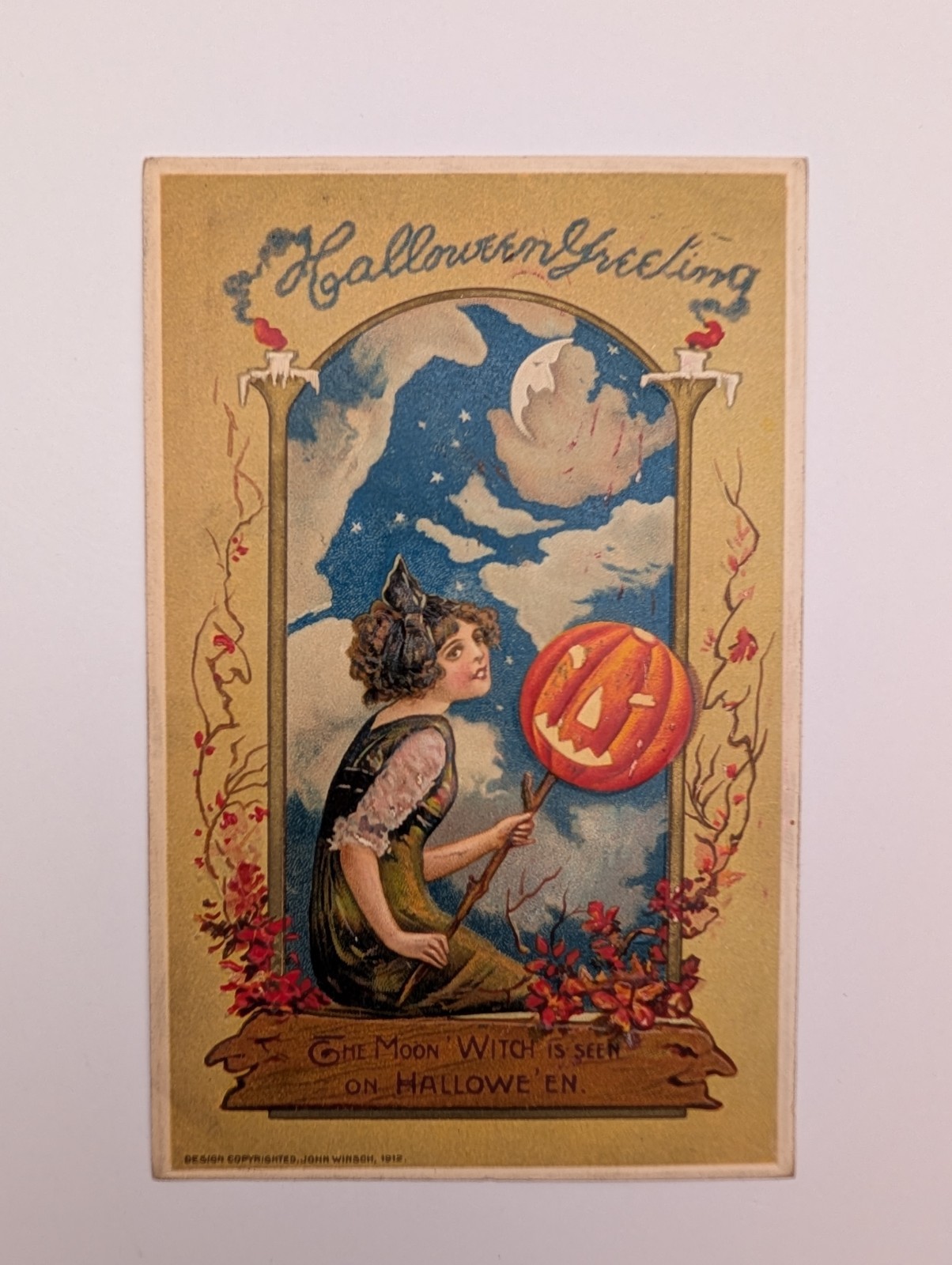 Rare 1912 Antique Halloween Postcard Winsch Schmucker Moon Witch Woman JOL