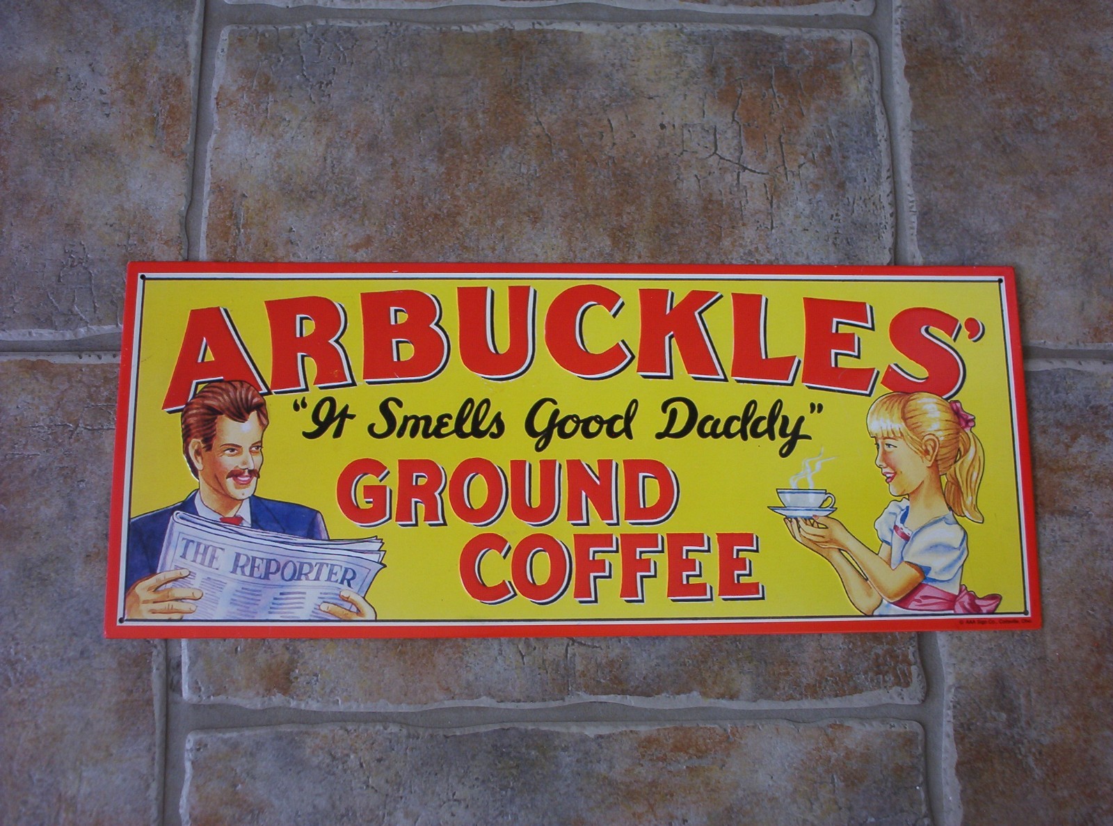 Vintage Arbuckles Ground Coffee Embossed Metal Sign AAA Sign Co Coitsville OHIO
