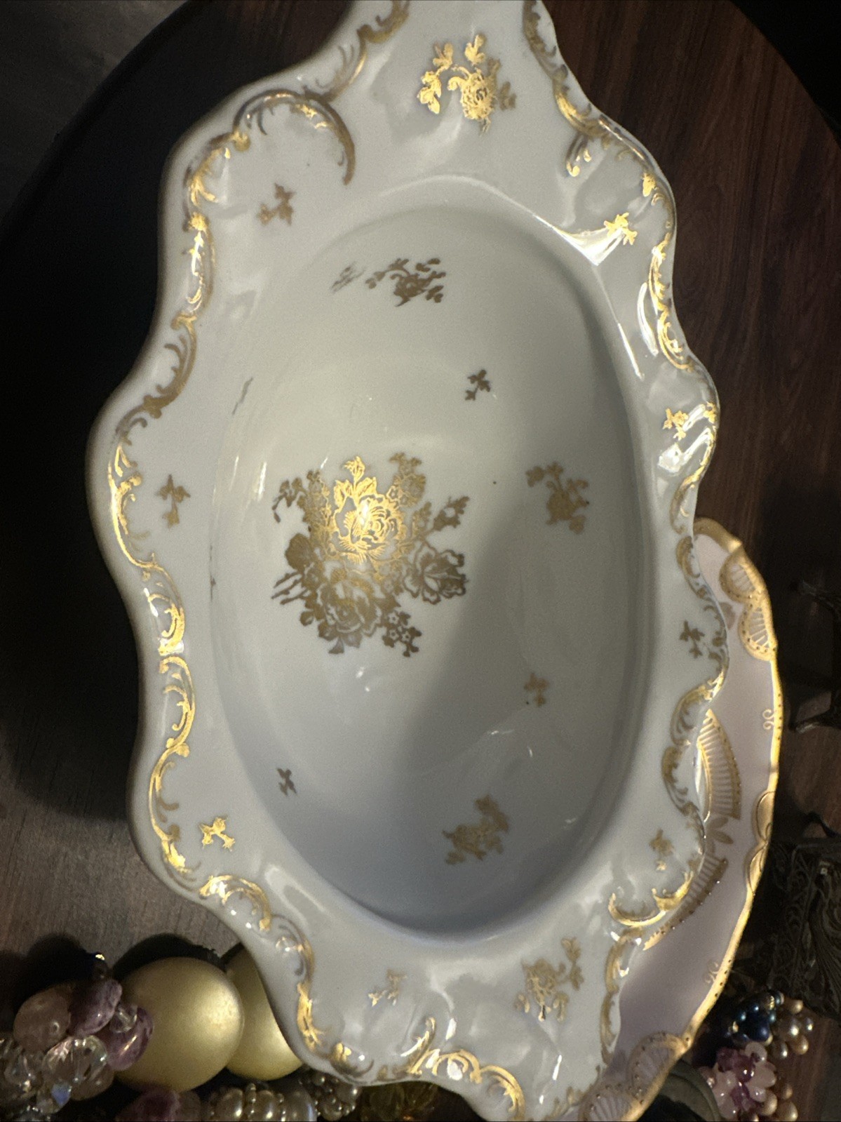 French Vintage White Porcelain Serving Or Trinket with A Scalloped Rim Gold