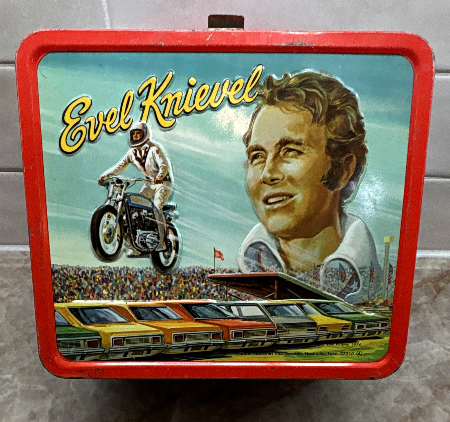Evel Knievel Metal Lunchbox w/ Red Handle (No Thermos)