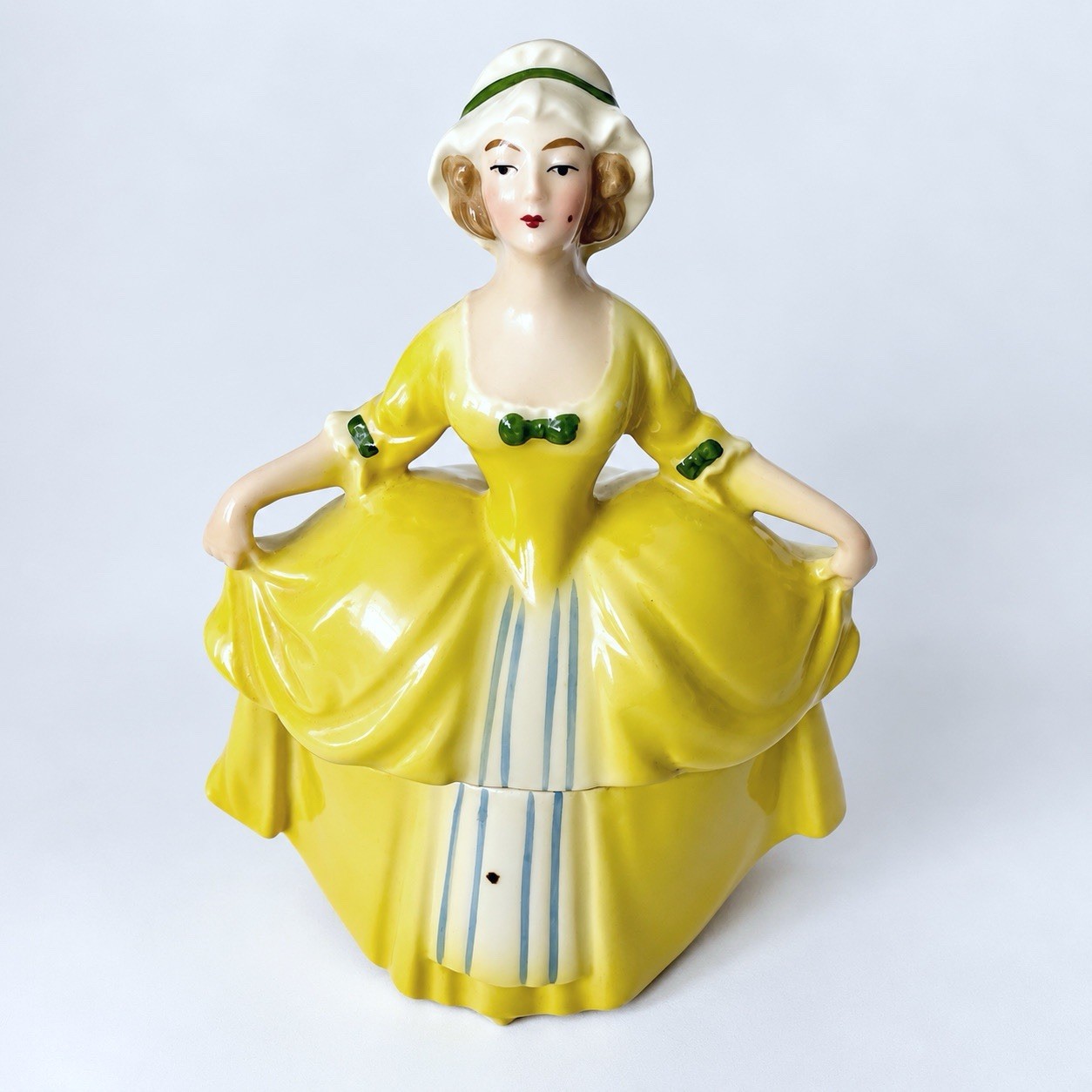 Antique E&R Germany Madame Pompadour Dresser Doll Yellow Powder Trinket Box