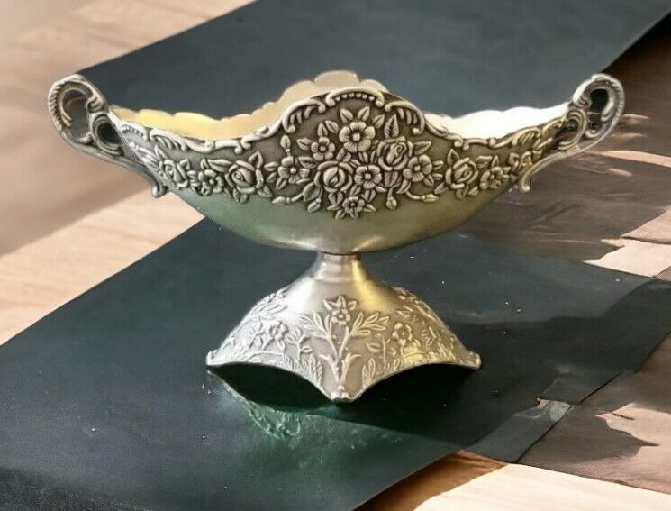 Pewter / Silver color Embossed Candy Dish Vintage Rare ornate pattern 