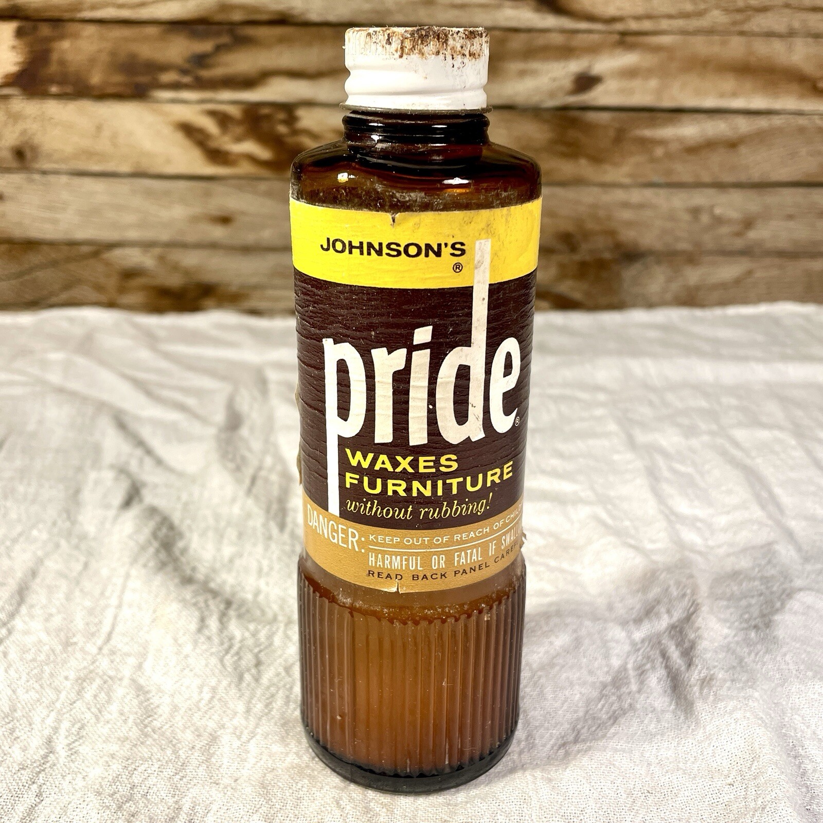 VTG 1960s Johnson’s Pride Furniture Wax Brown Glass Bottle Metal Cap ~FULL~