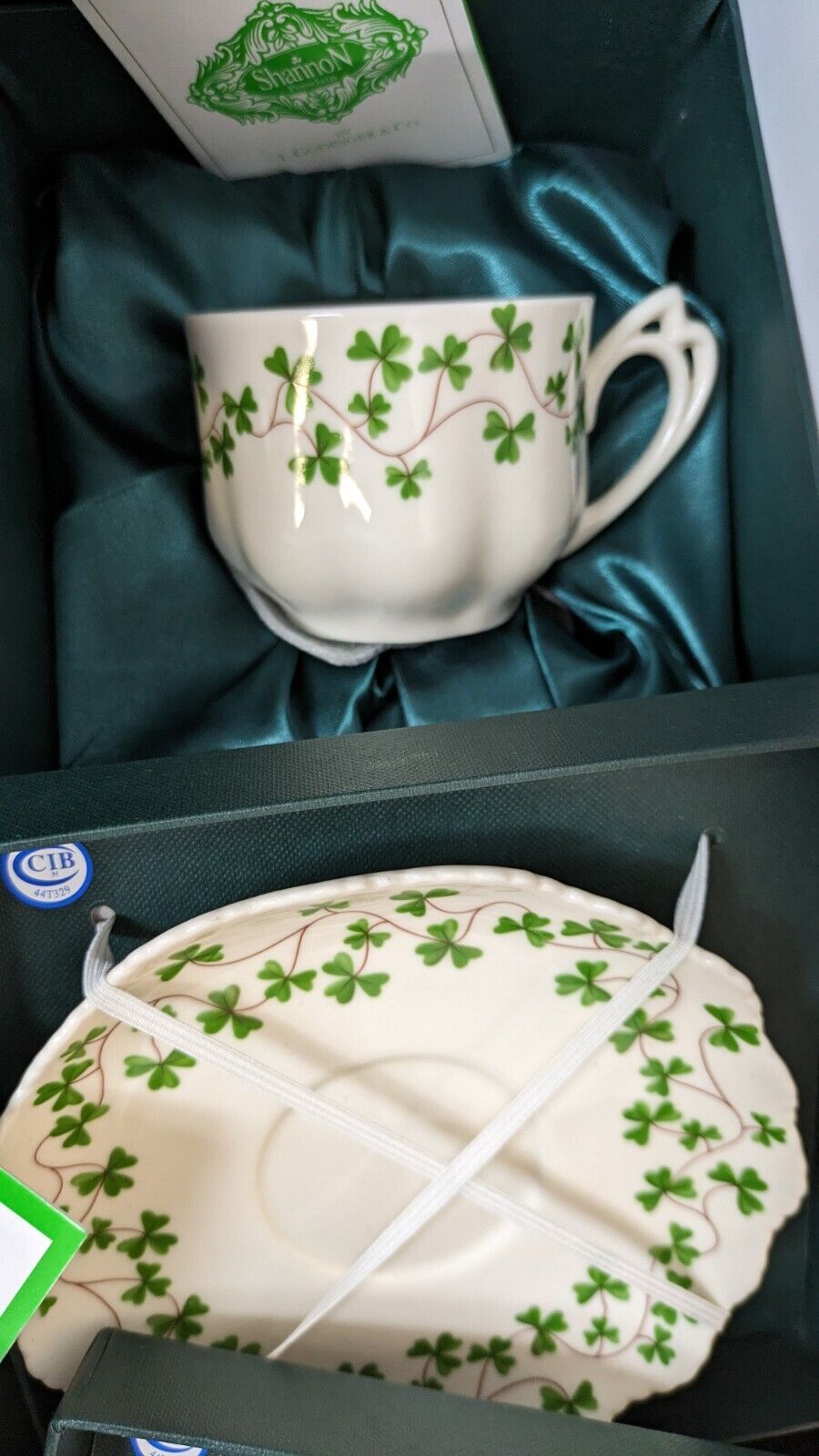 Shannon by Godinger Irish Porcelain Shamrock Clover Tea Cup & Saucer NIB 6 avail