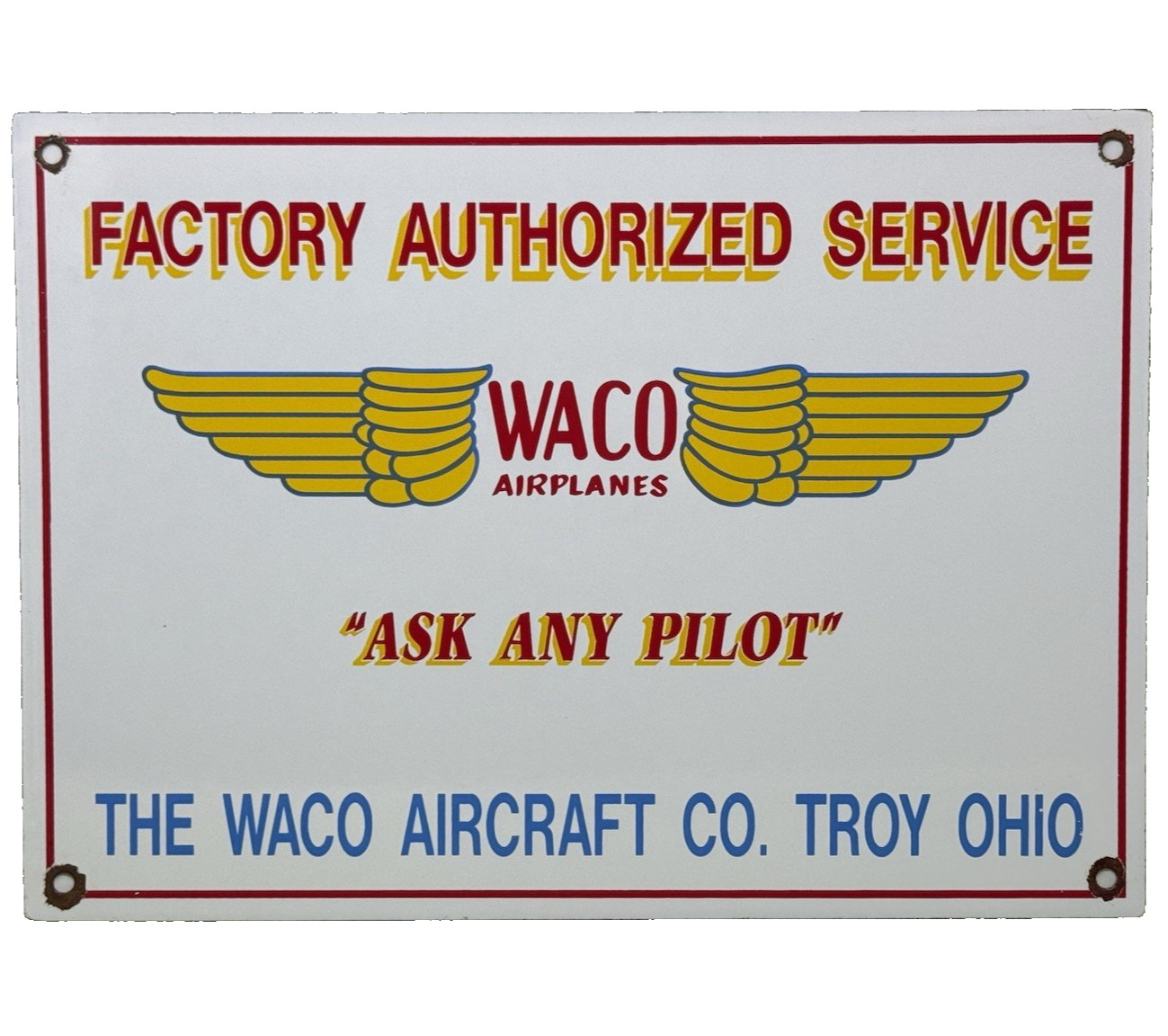 VINTAGE WACO AIRPLANES PORCELAIN SIGN GAS STATION SALES SERVICE AVIATION OHIO