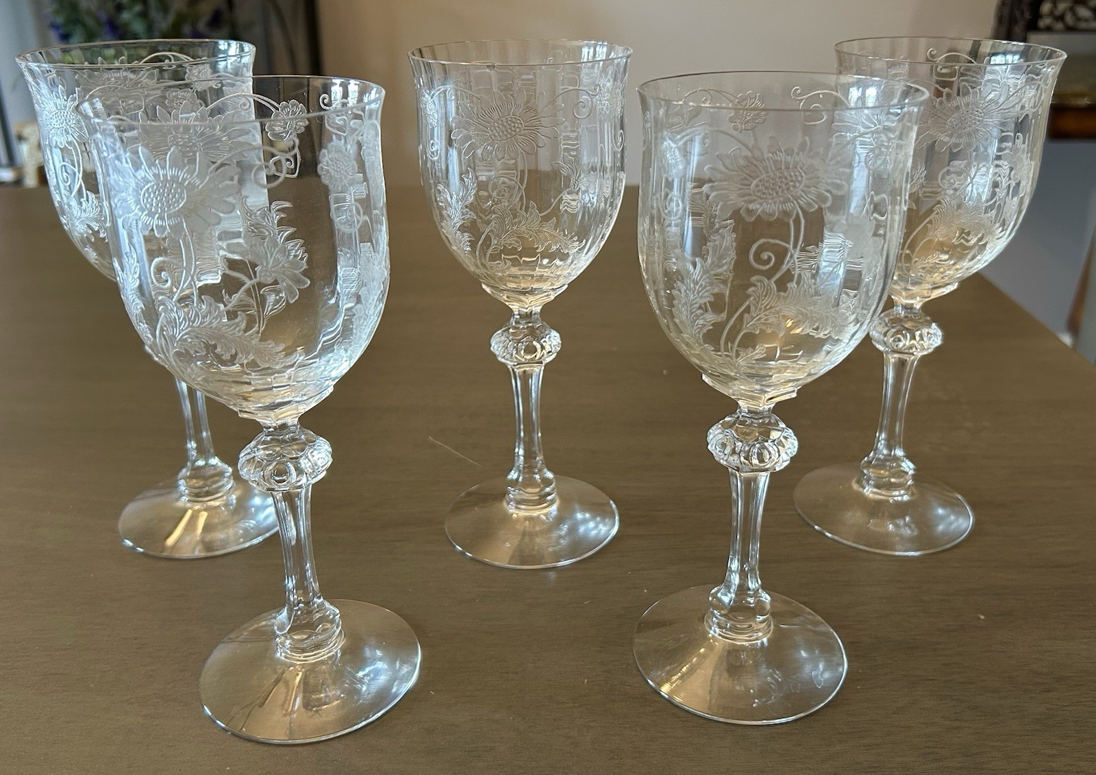 5 Fostoria Etched Daisy  Water Goblets, 146070