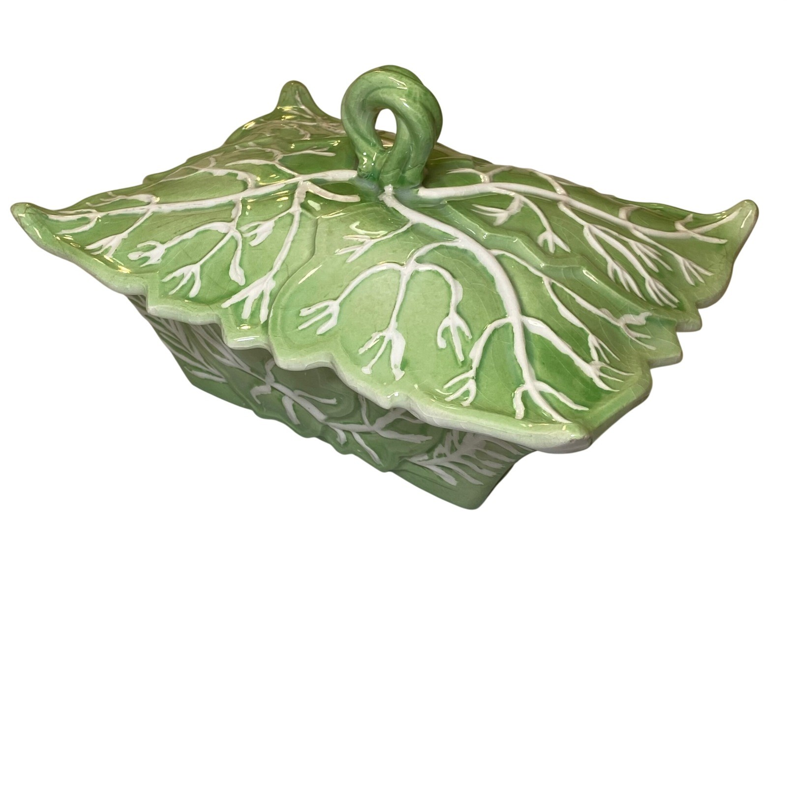 Vintage Gilner Pottery Covered Butter Dish Green Cabbage Leaf Majolica Texas
