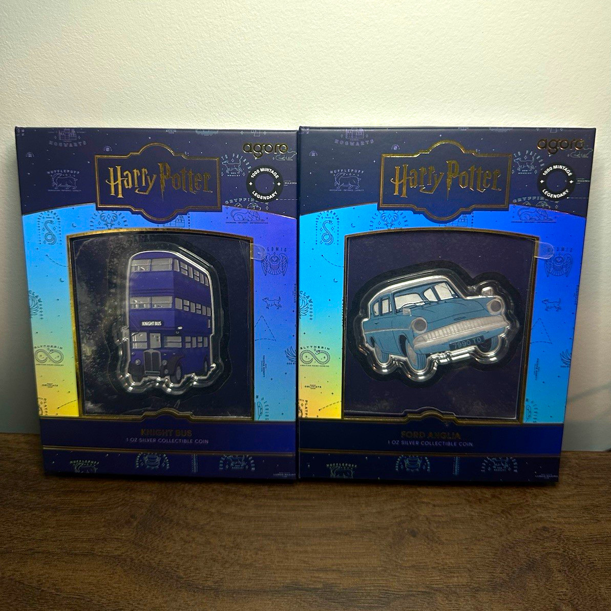 Agoro Harry Potter Silver 1 oz Coin Set Knight Bus 90/1000 & Ford Anglia 62/1000