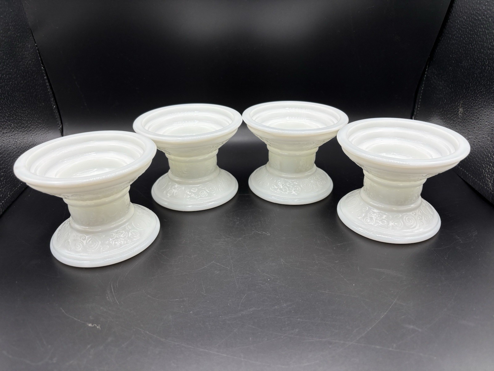 Set Of 4 VTG Milk Glass Candleholder Swirl Pattern Taper Pillar Set Of 4 VTG Milk Glass Candleholder Swirl Pattern Taper Pillar