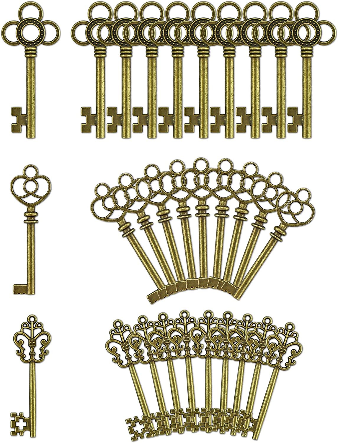 30 PCS Vintage Large Skeleton Key Set Charms, Mixed Antique Style Bronze Brass K