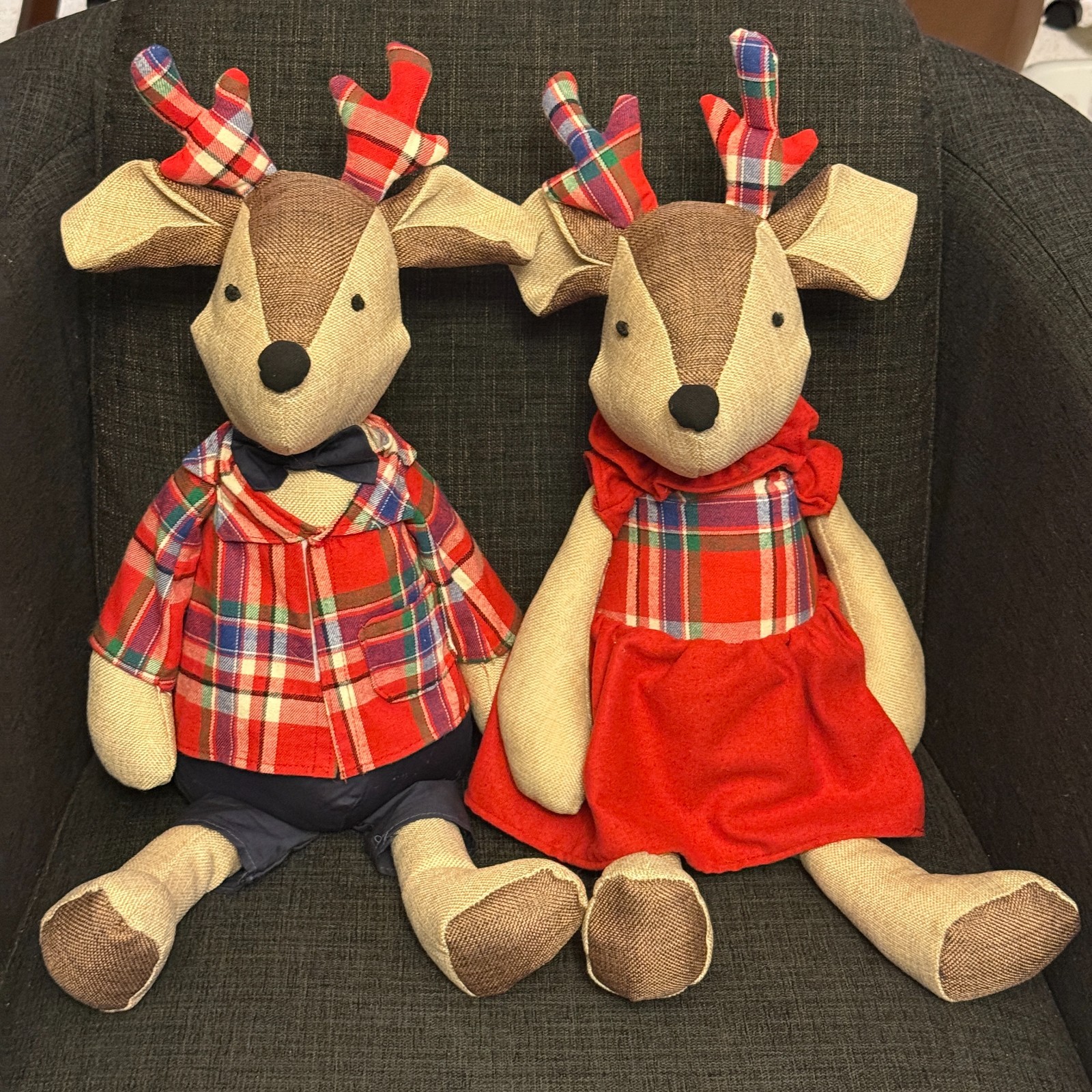 Pair Christmas Plaid Fabric Reindeer Stuffed Shelf Sitters Weighted 24\