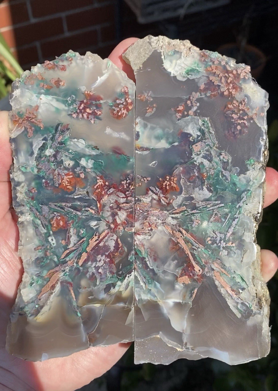 Copper Chalcedony polished split w/chrysocolla, malachite, pyrite, cuprite 656gm Copper Chalcedony polished split w/chrysocolla, malachite, pyrite, cuprite 656gm