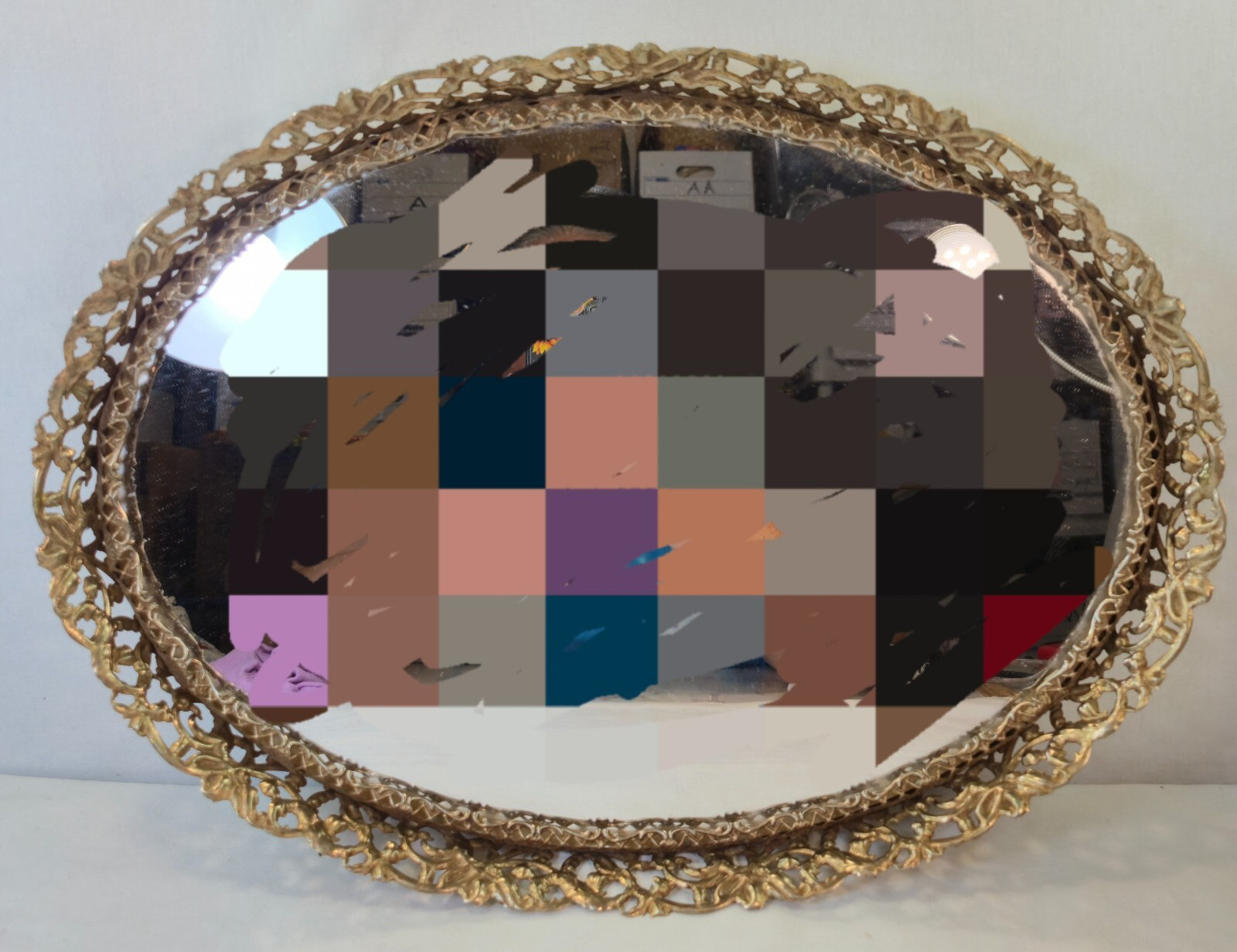 Vintage Hollywood Regency Flat Gold Tone Oval Vanity Dresser Tray Mirror
