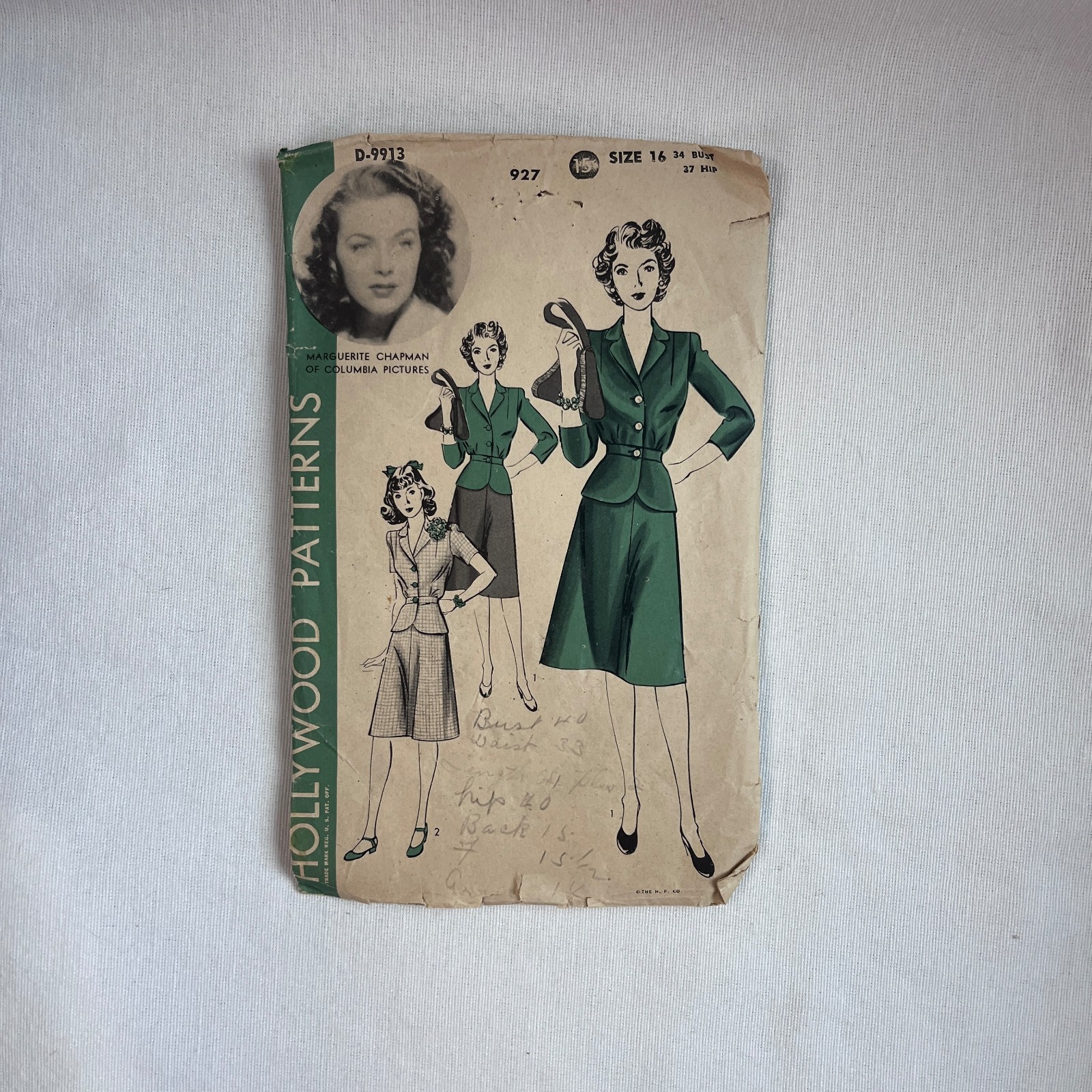 1940\'s Hollywood  Pattern 927  Vintage Dress/suit Size 16 Bust 34 Complete