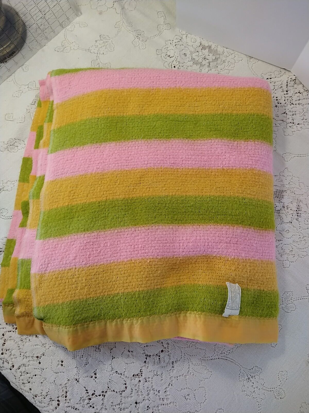 80x88 Pink Green Yellow Stripe Acrylic Waffle Weave Blanket Satin Trim MCM Vintg