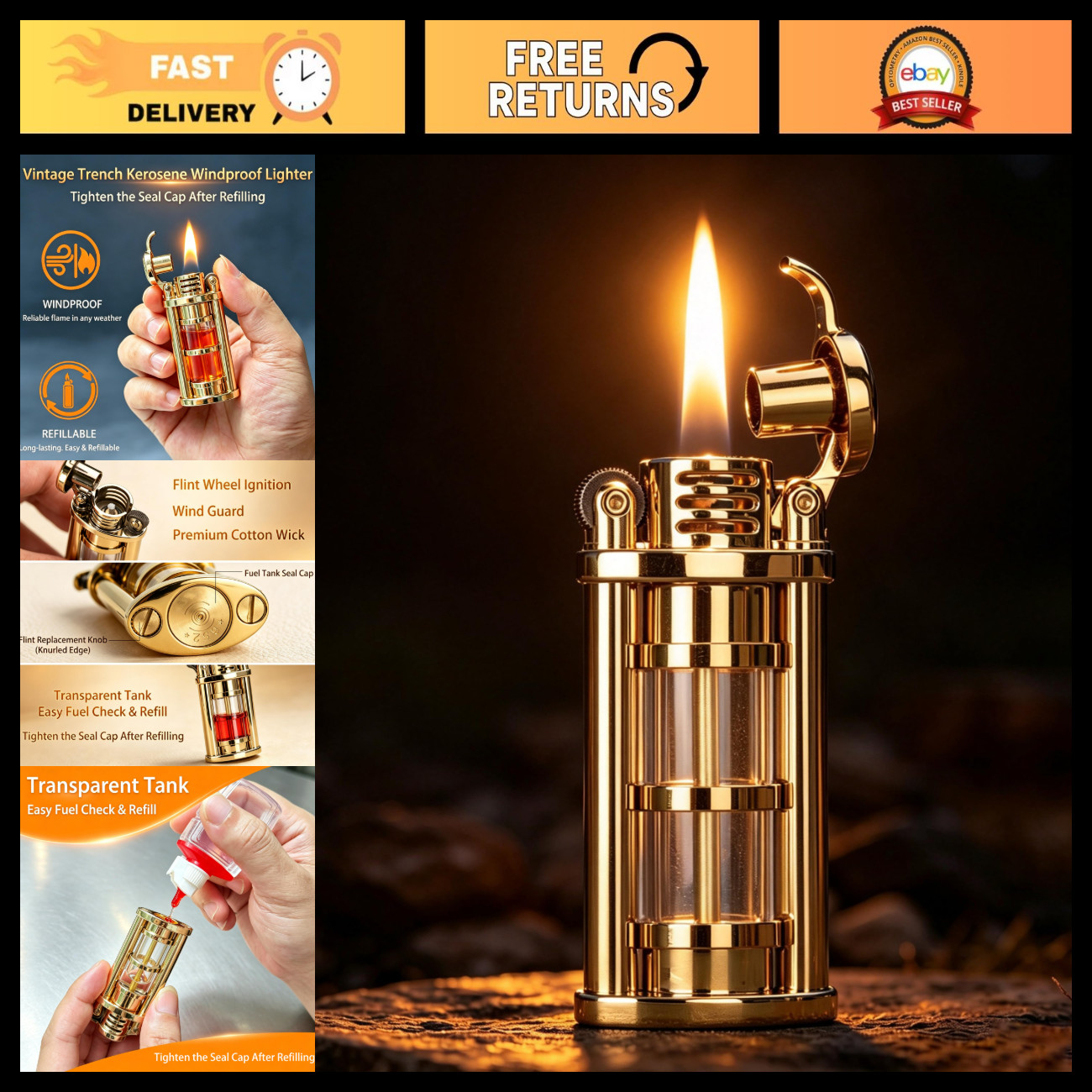 Vintage Trench Lighter - Unique Refillable Soft Flame with Transparent Oil Tank,