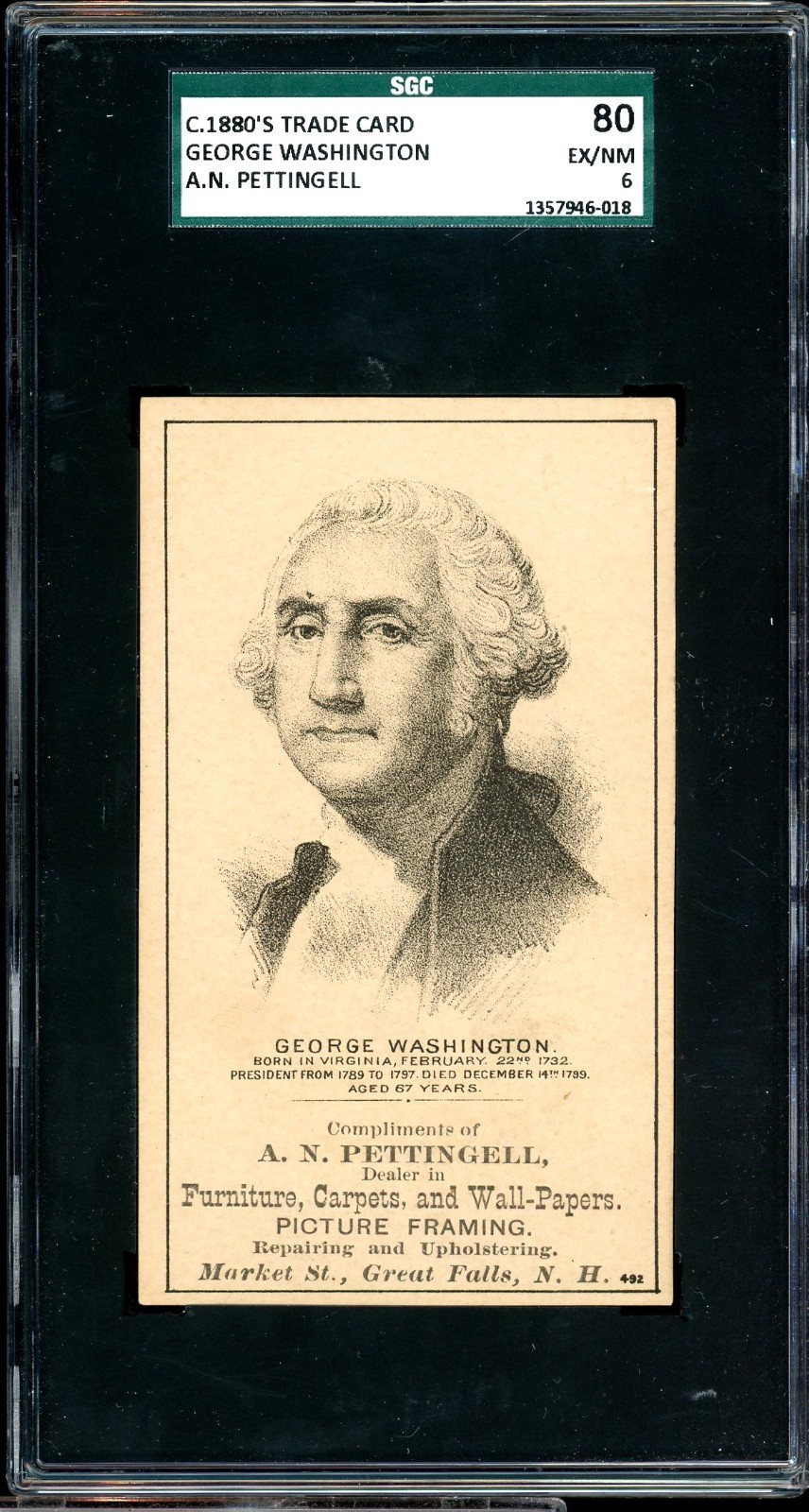 1880s HD2a George Washington US President Trade Card A.N. Pettingell SGC 6 EX-NM 1880s HD2a George Washington US President Trade Card A.N. Pettingell SGC 6 EX-NM