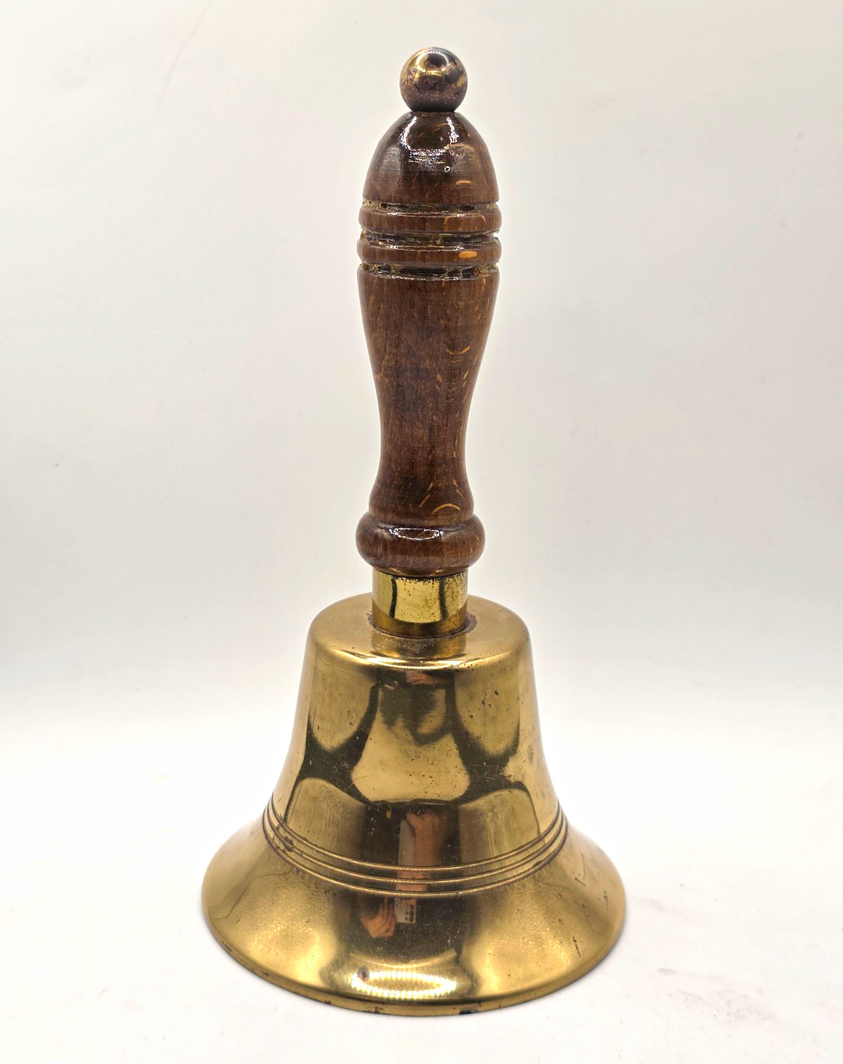 Vintage Mid Century Brass School Hand Bell Turned Wood Handle 7 Inch