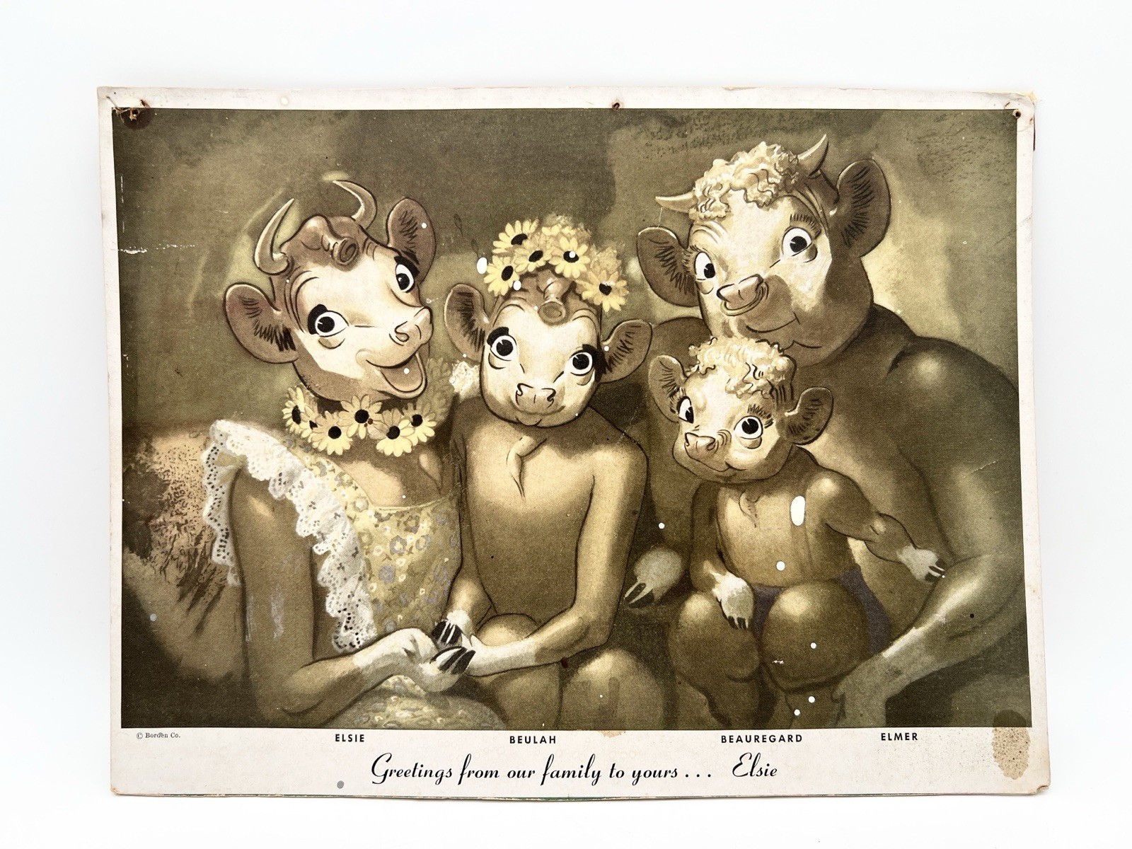 Vintage 40s Borden Elsie Cow Family Cardboard Advertising Sign 9x12