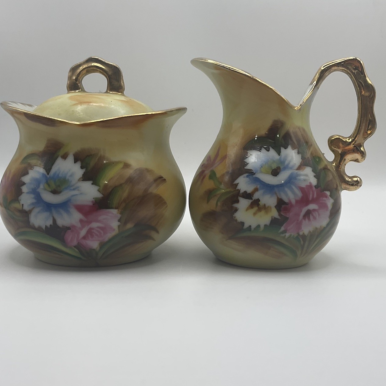 Vintage Enesco Japan Mini Creamer & Covered Sugar Bowl Hand Painted Floral Set
