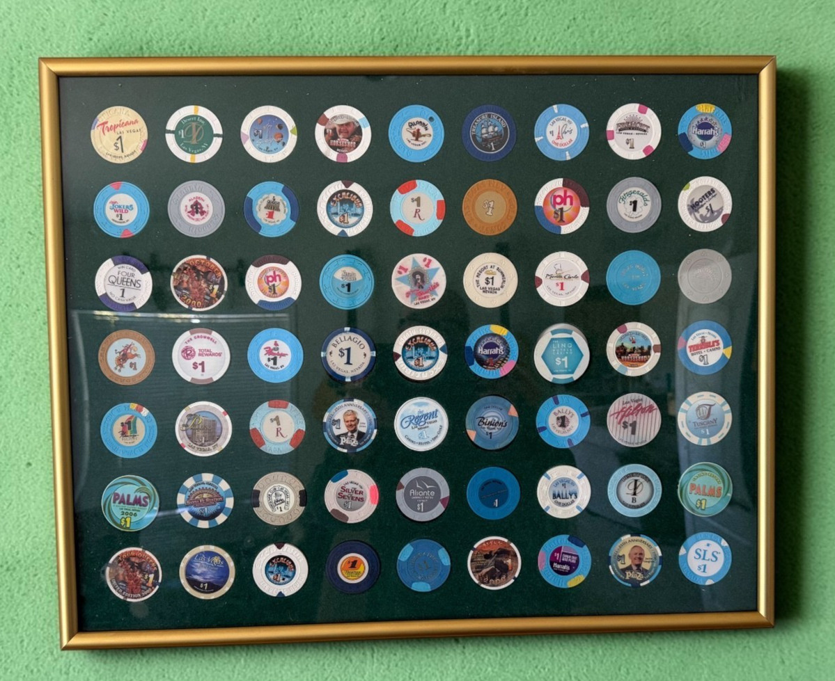 63 Vintage Las Vegas Casino $1 Chips Framed Collection –Riviera Sahara Tropicana
