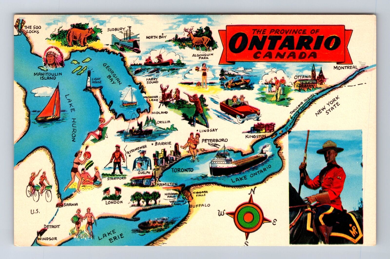 Ontario-Canada, Province Map And Landmarks, Antique, Vintage Postcard