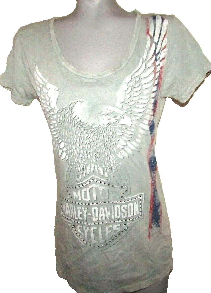 NWT, HARLEY-DAVIDSON Women\'s Grey Top, Eagle, Studs H-D B&S Graphics, Size Large