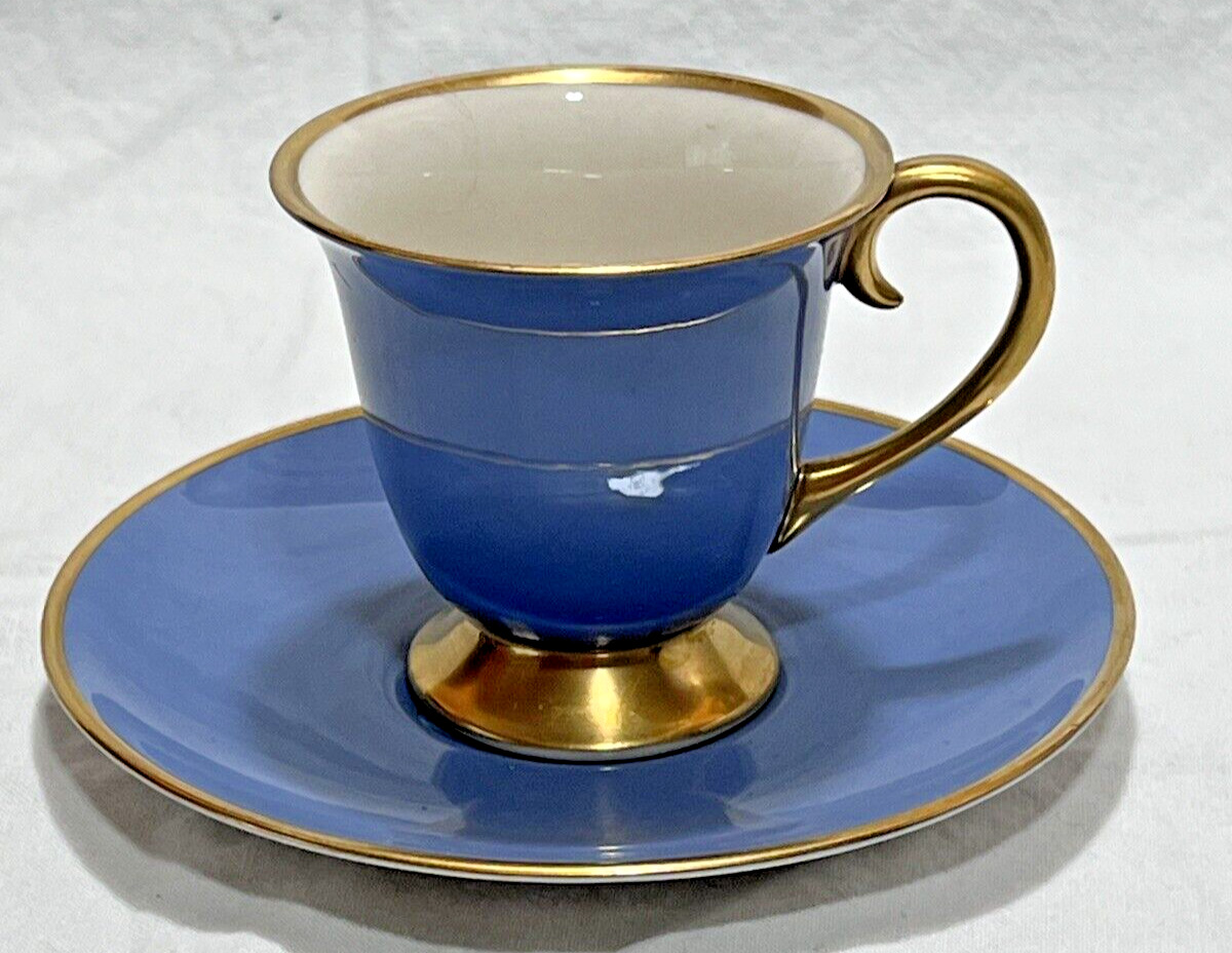 Vintage Flintridge China Blue/ Gold Trim Footed  Cup & Saucer Made in USA