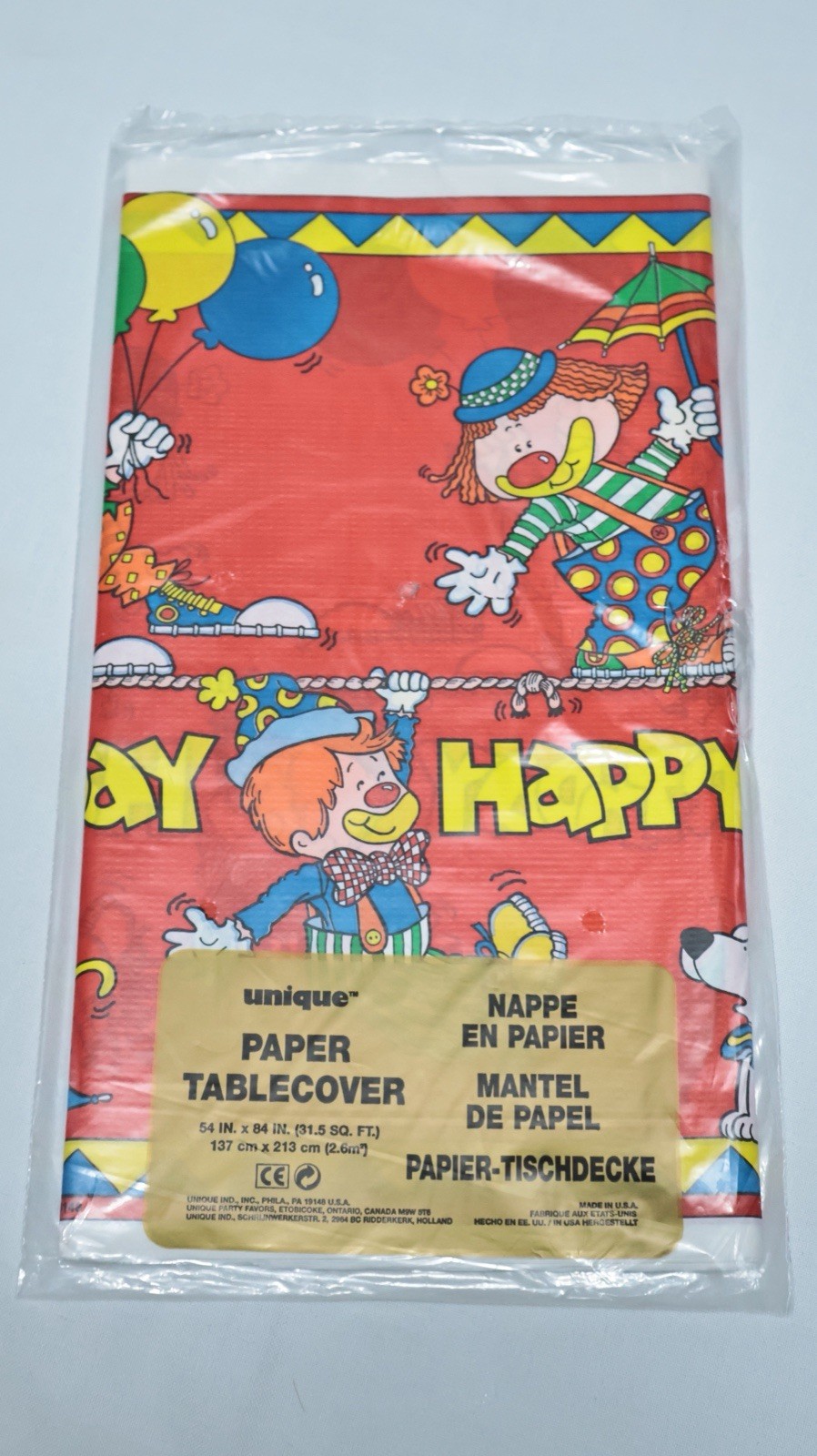 Unique Paper Tablecover Happy Birthday Circus Clown Dog New Sealed Vintage 1989