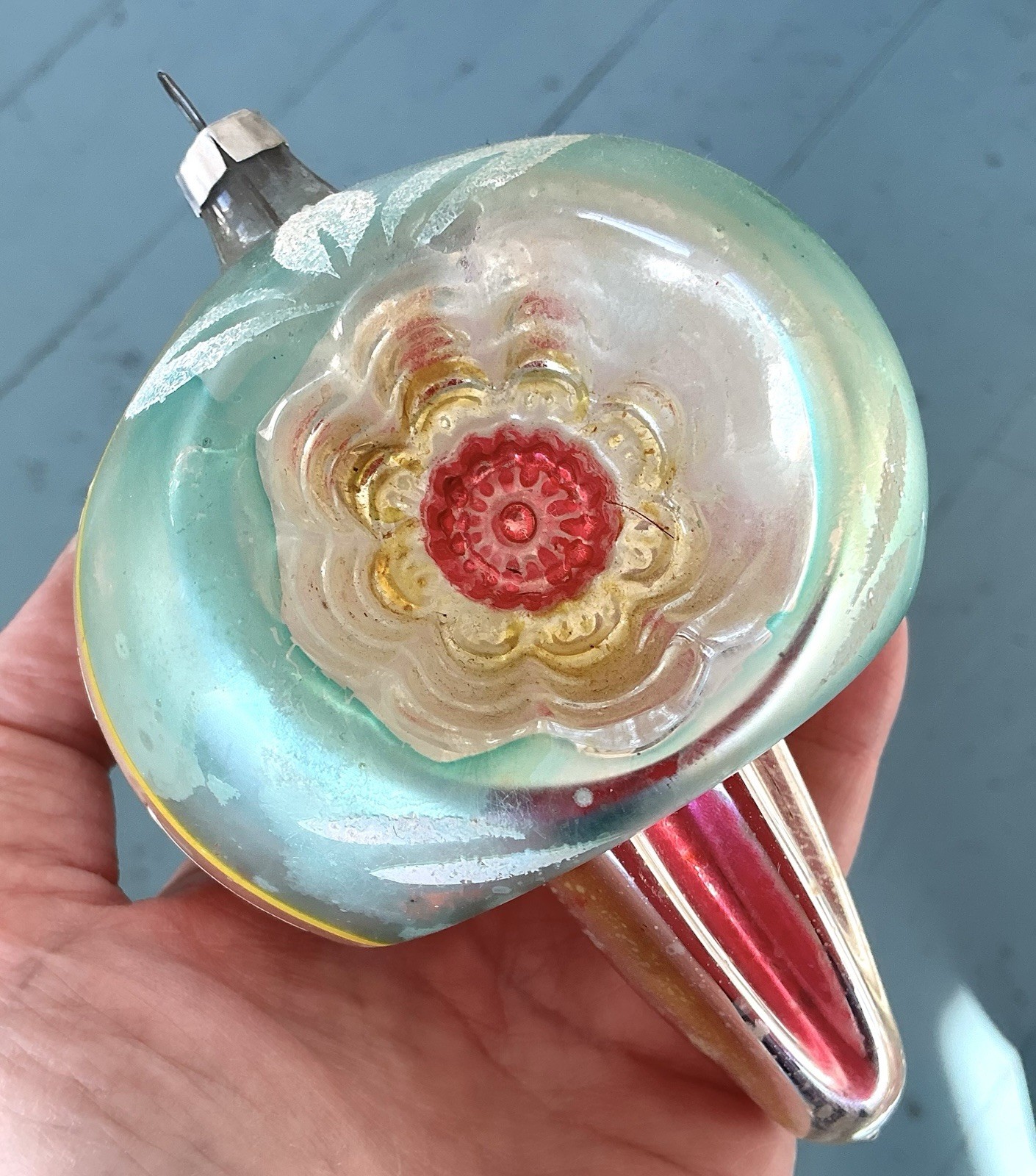 STUNNING VTG  GERMAN BLOWN GLASS DOUBLE INDENT REFLECTOR TEARDROP ORNAMENT 