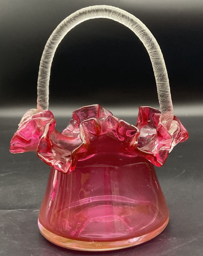 Handblown Ruffled Cranberry Basket with Textured Handle