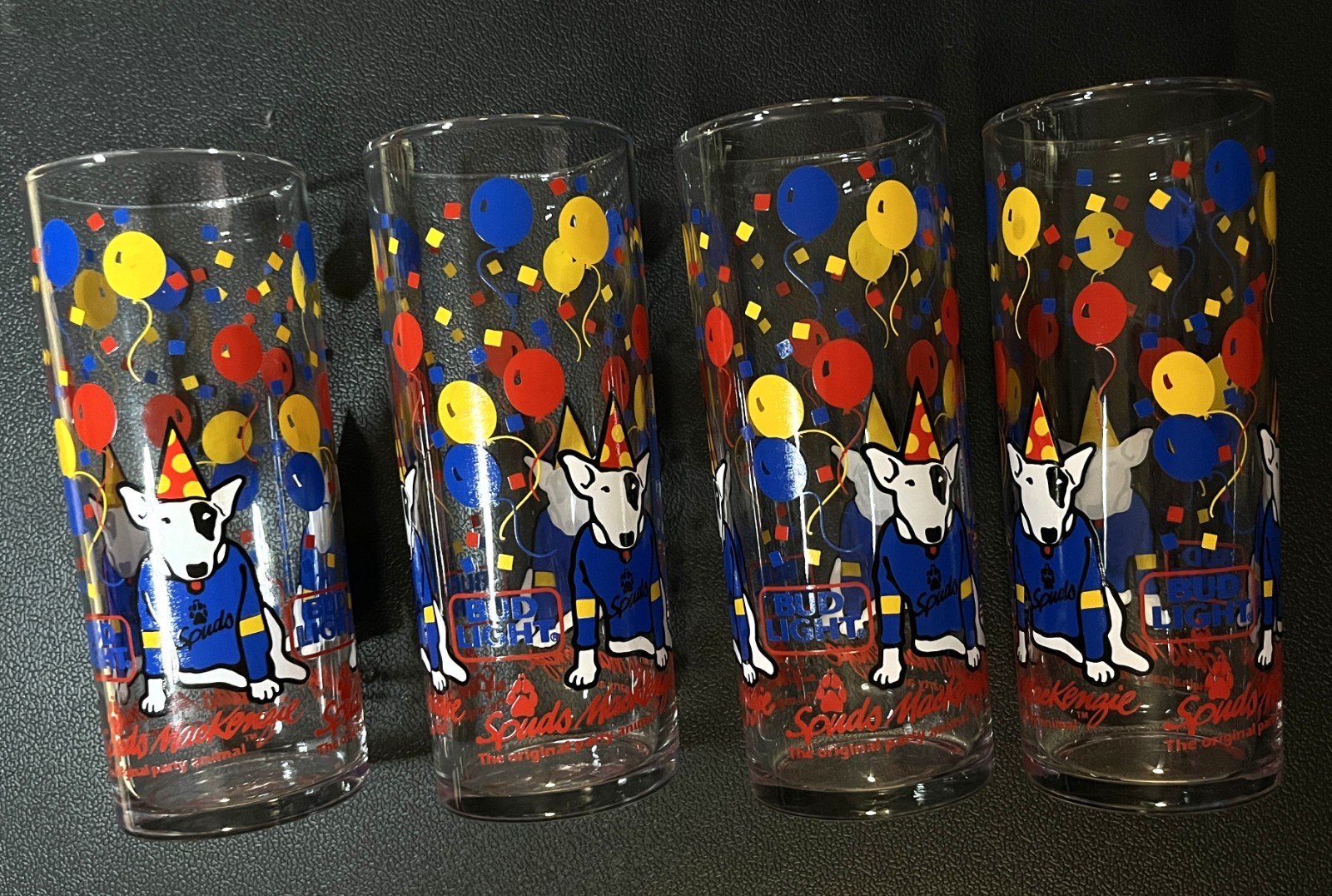 Vintage Bud Light 1987 Spuds MacKenzie Party Animal Tumbler Glass Set of 4